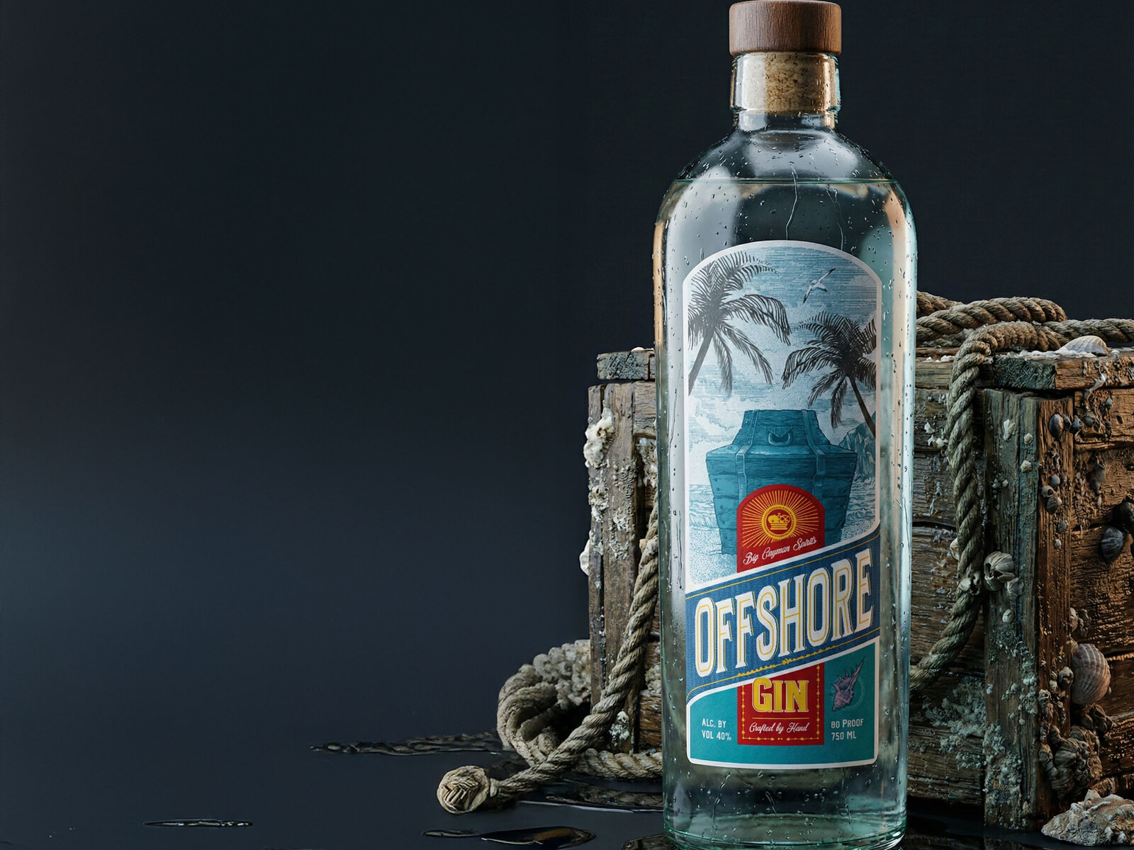 Offshore Gin — hand-lettered label with gold foil