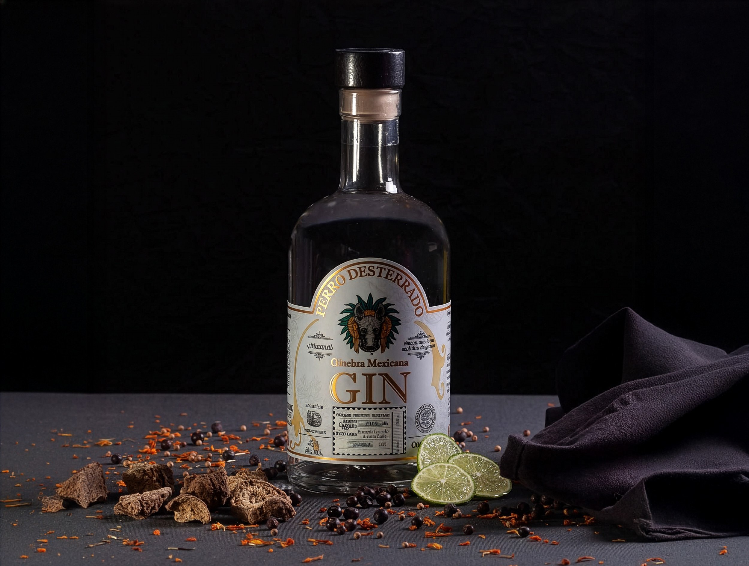 Perro Desterrado among its botanicals — lime, juniper, dried avocado leaf