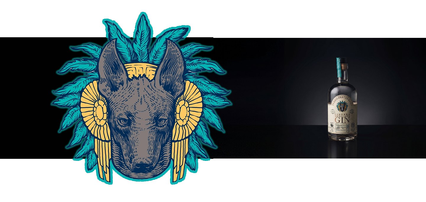 The Xolo emblem, feathered headdress and gold ear discs, beside the bottle — both set against black