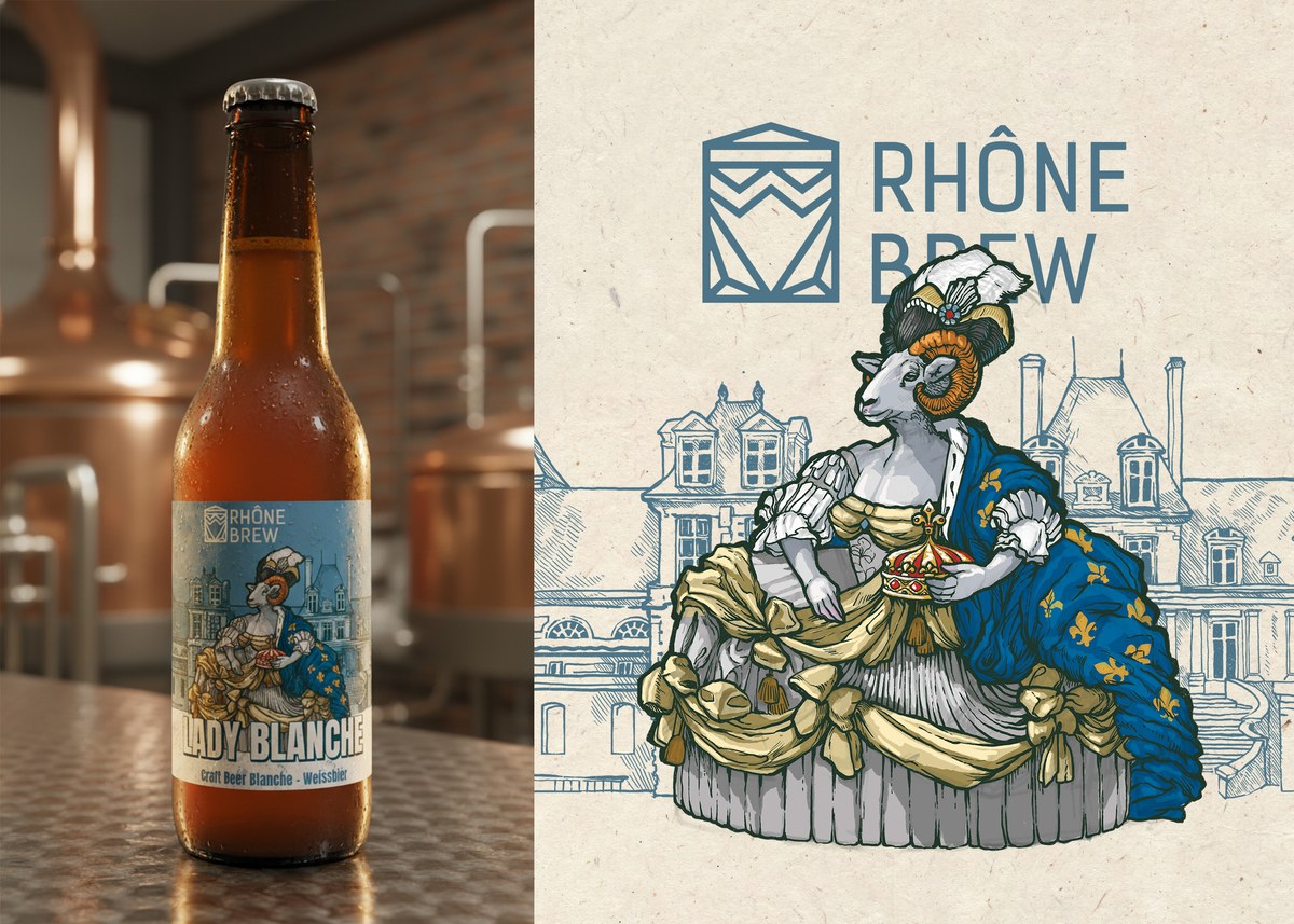 Lady Blanche — a sheep in court dress before a château, and the weissbier bottle