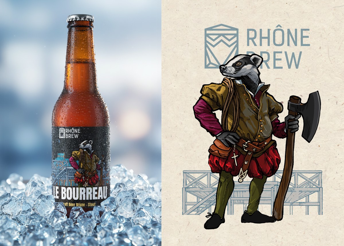 Le Bourreau — a badger executioner at the scaffold, and the stout bottle