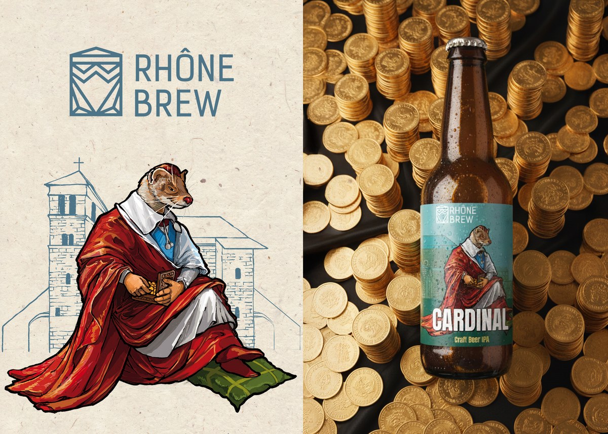 Cardinal — a stoat in red facing the church, and the IPA bottle