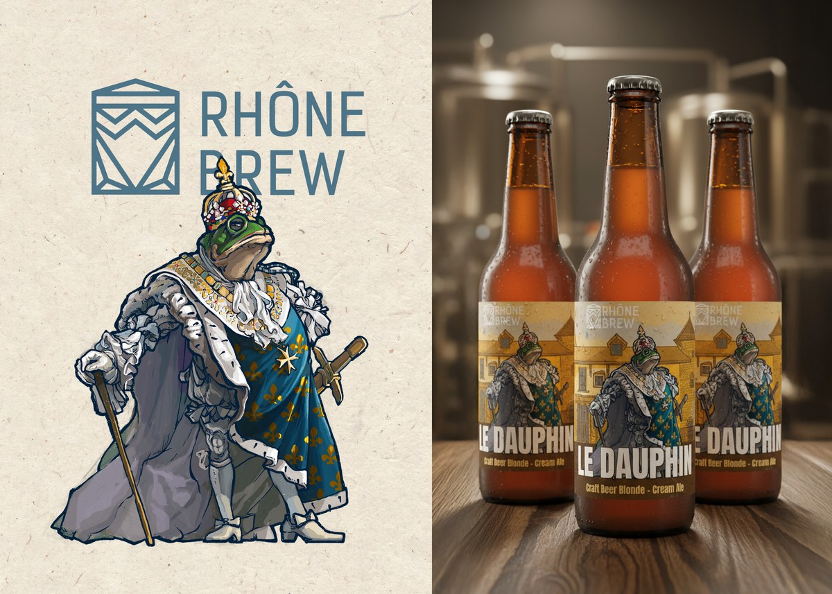 Le Dauphin — a frog king outside the taproom door, and the blonde bottle