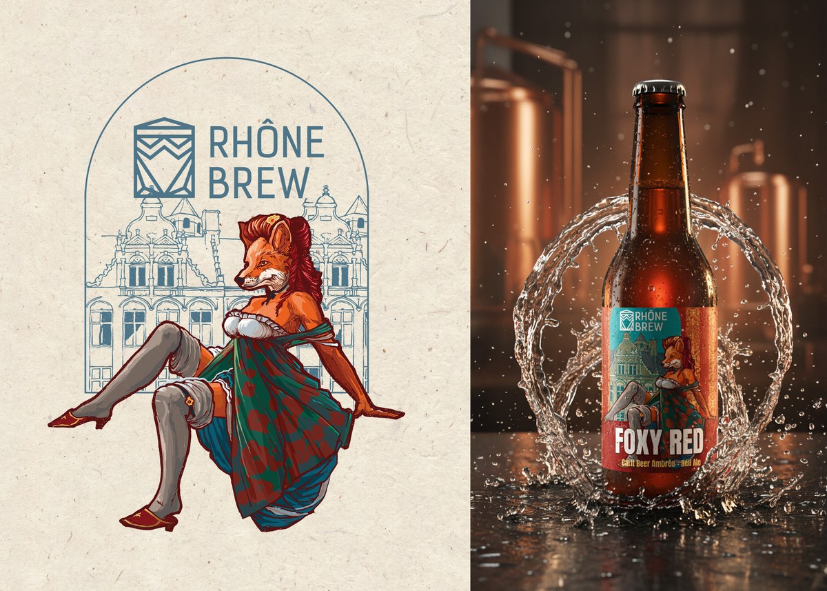 Foxy Red — a fox before the town facades, and the red ale bottle