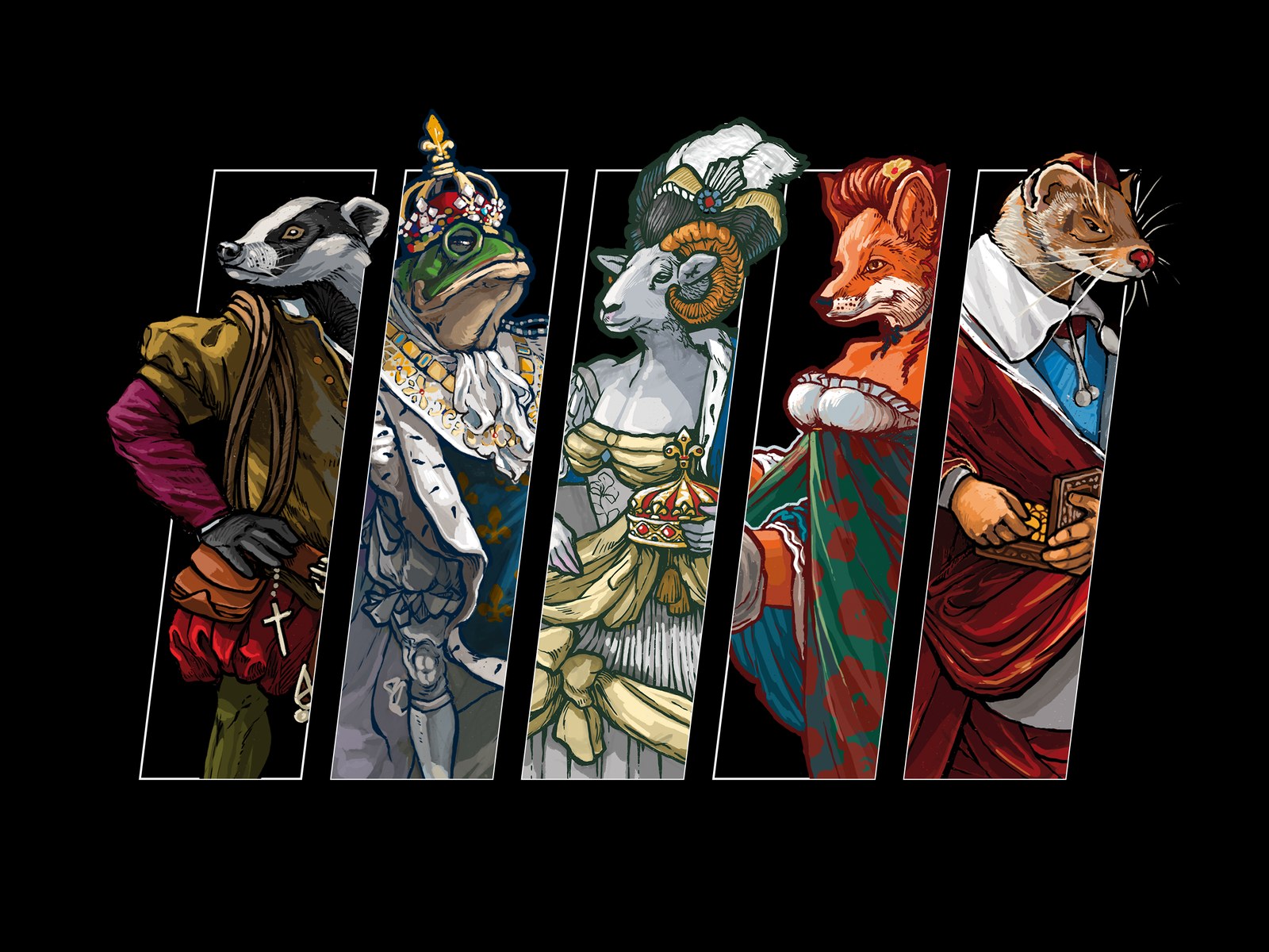 The Rhône Brew cast — five animal characters in period dress