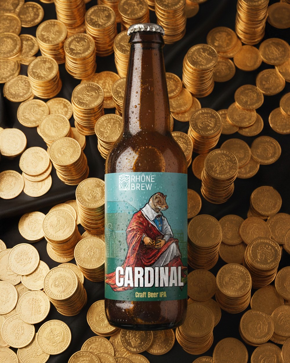 Cardinal — the IPA bottle on a bed of gold coins