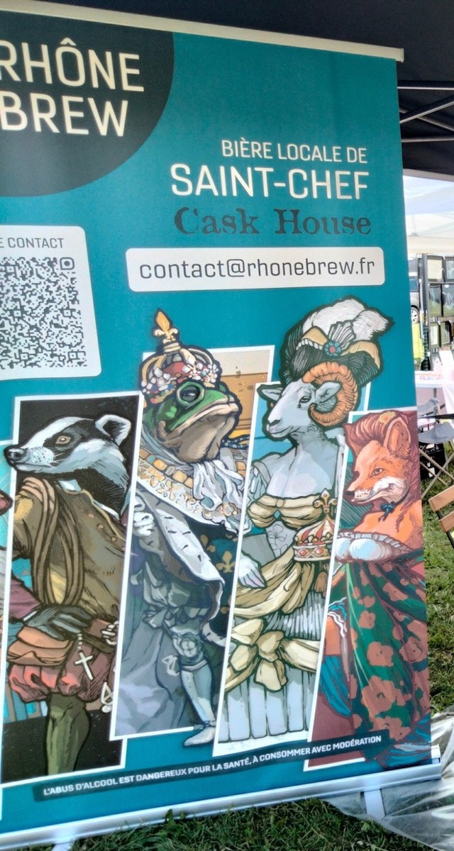 The cast printed on a market stall banner
