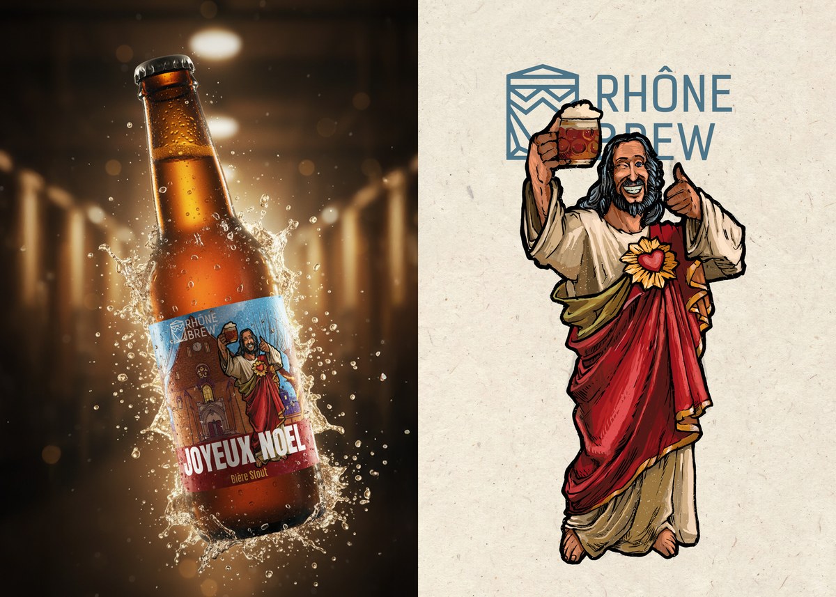 Joyeux Noël — the Christmas drop, the only human head in the cast, and the stout bottle