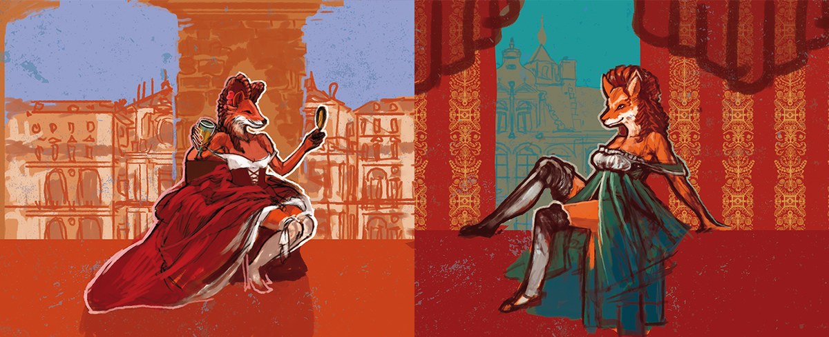 Two near-final sketches of the cardinal — one counting coins, one holding cards