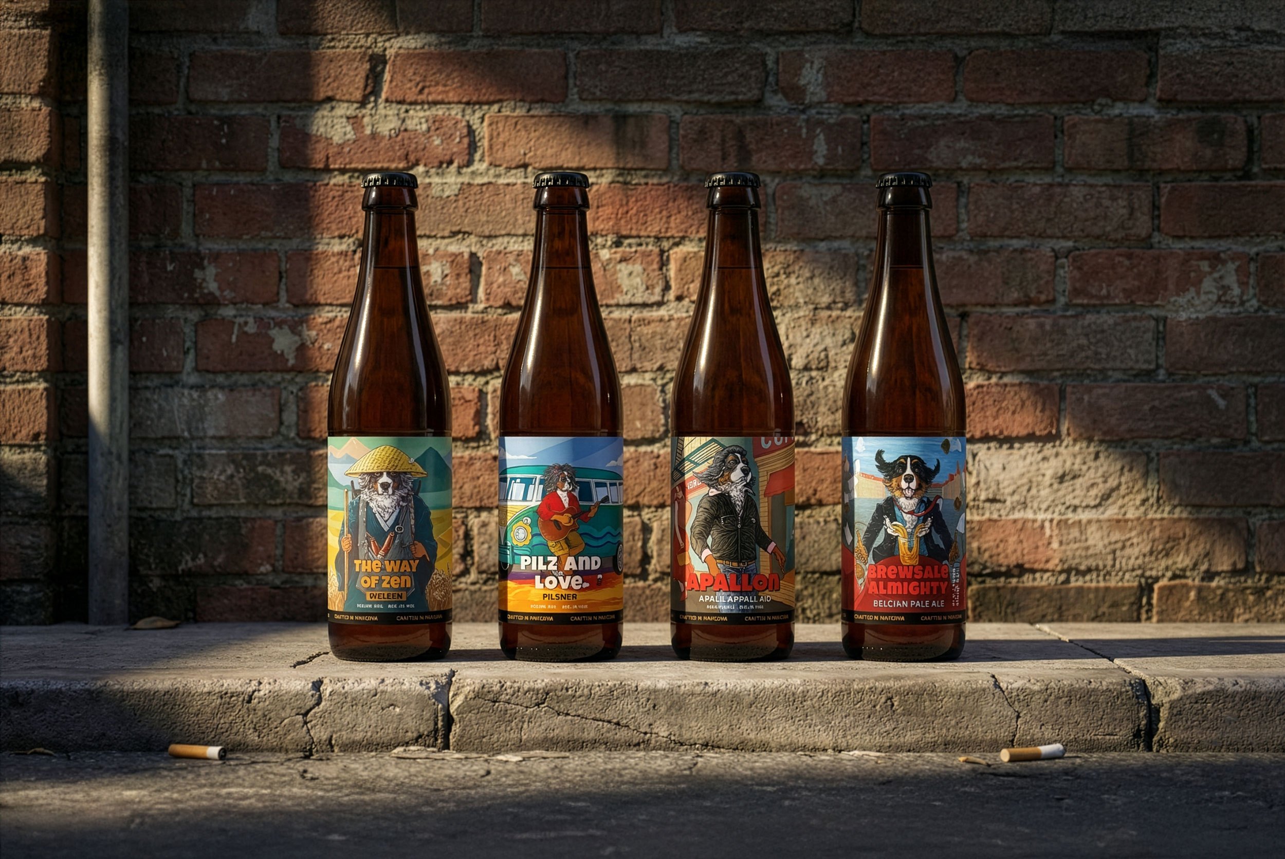 Four Rockscor bottles on a sunlit brick step — The Way of Zen, Pilz and Love, Apallon and Brewsale Almighty