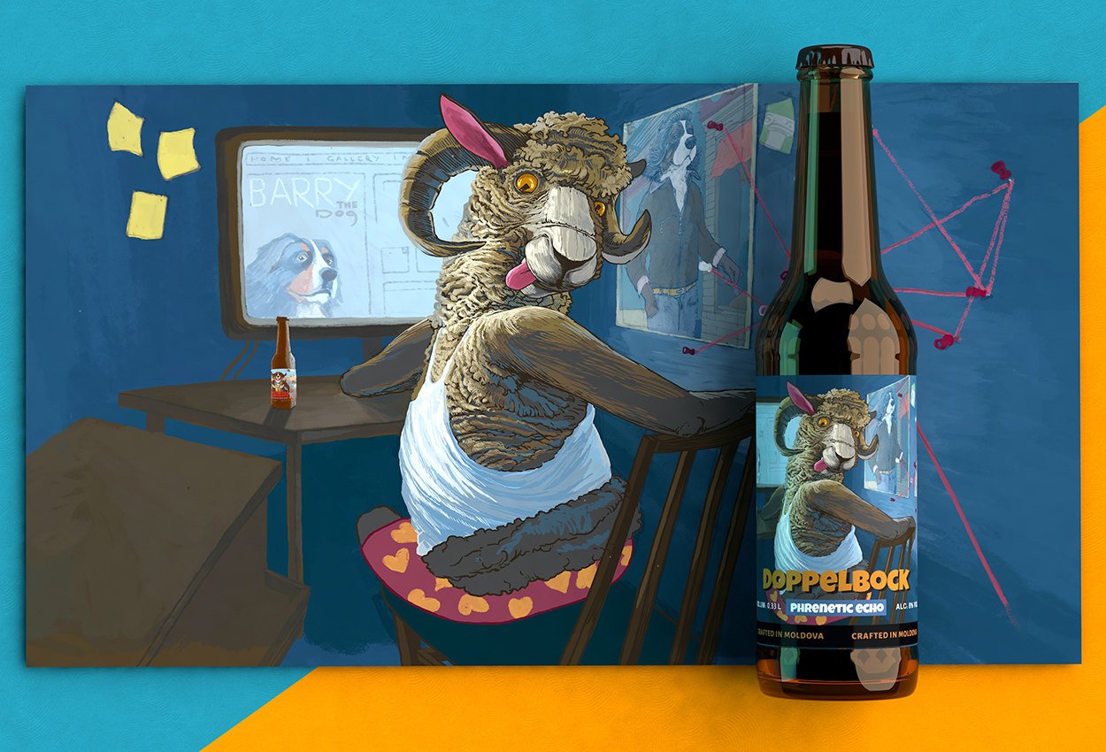 An illustrated scene behind Doppelbock — Barry on screen, the ram-costumed character at his desk
