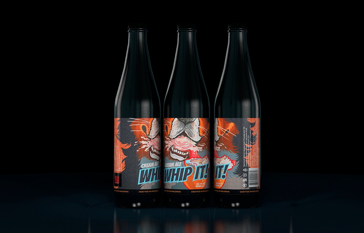 Whip It, a Cream Ale with a growling, wild-eyed label, repeated across three bottles