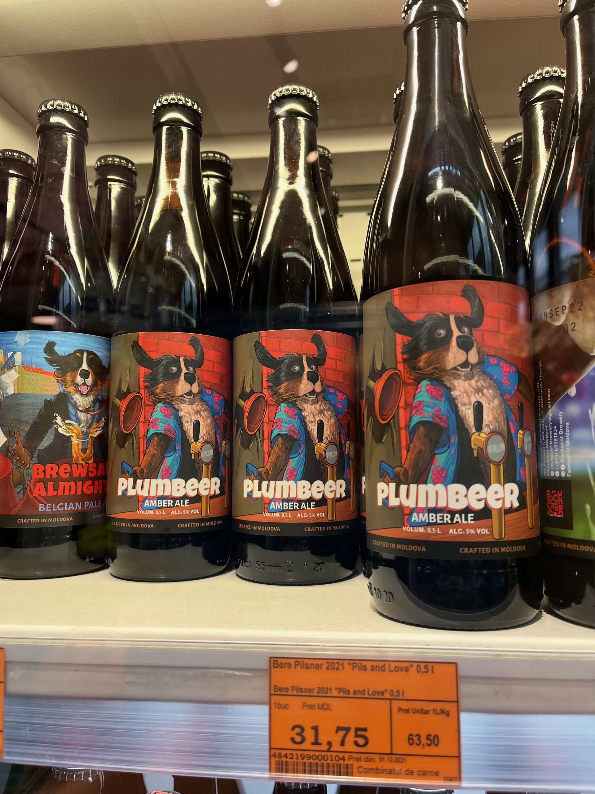 Plumbeer and Brewsale Almighty lined up on a shop shelf