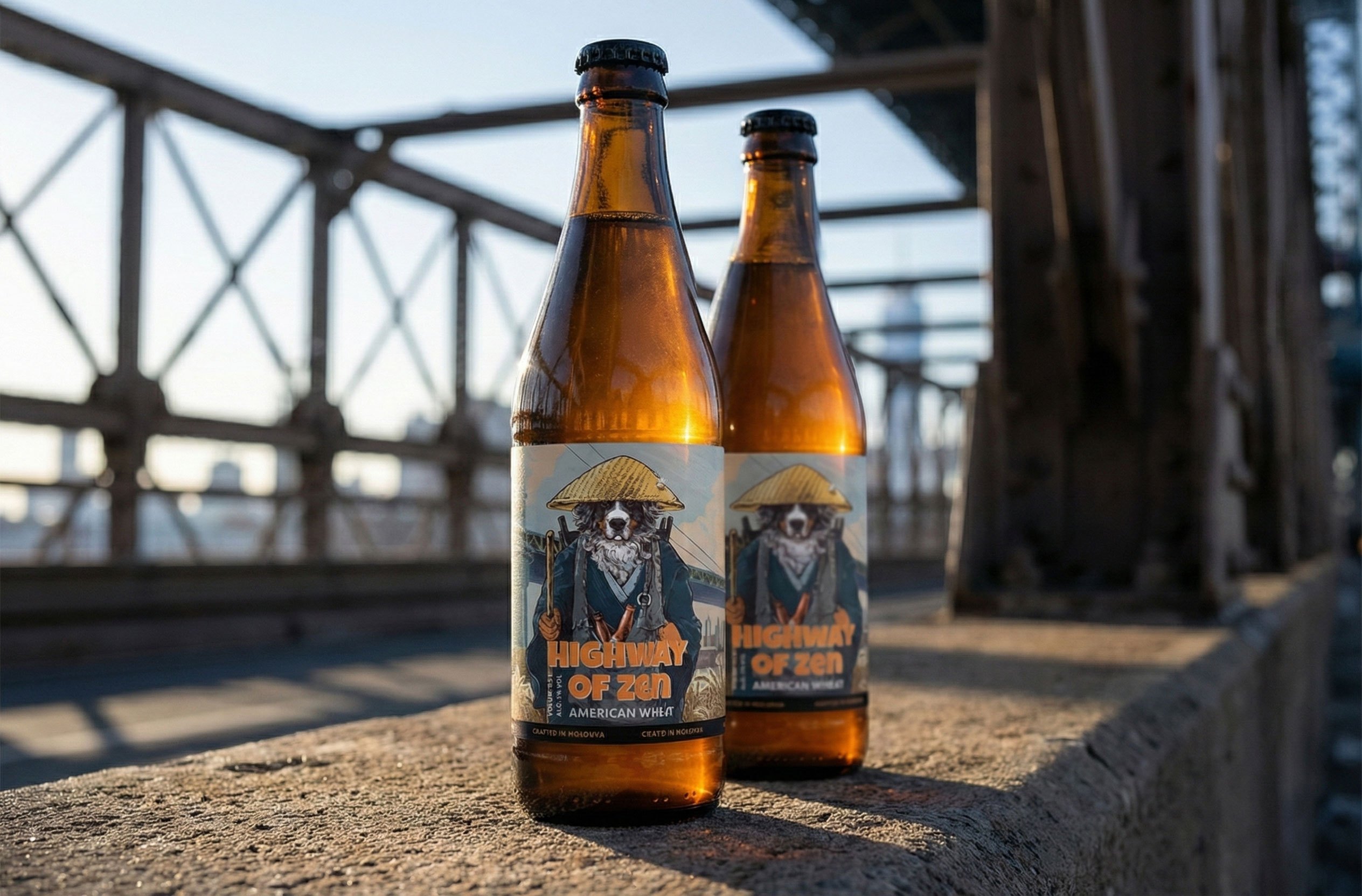 Two Highway of Zen bottles standing on a steel bridge at golden hour