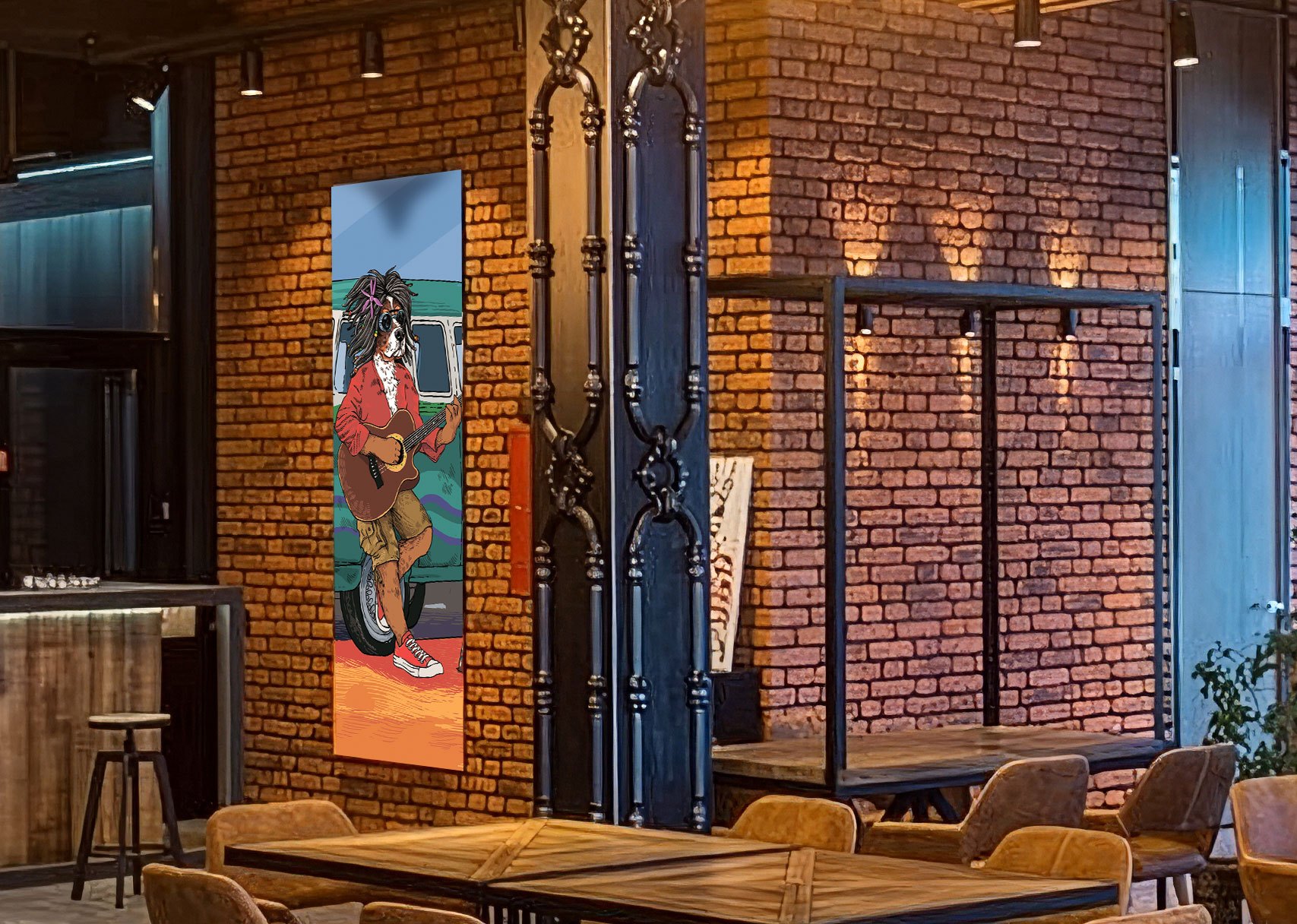 A backlit panel of Pilz and Love mounted on a brick pillar in a bar
