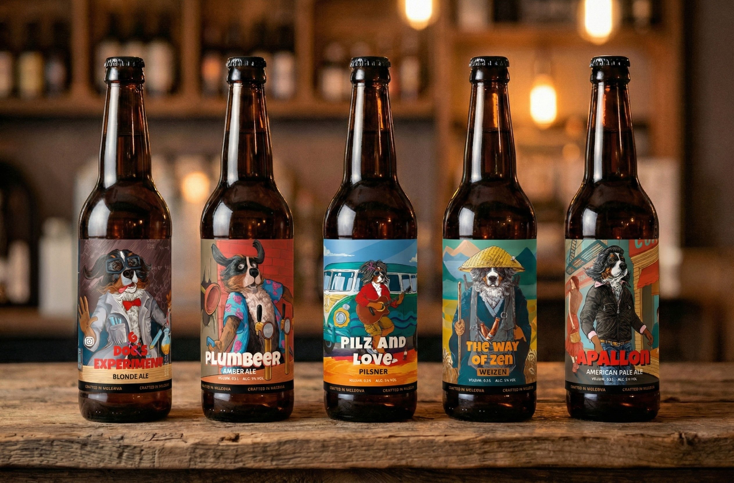 Five Rockscor bottles lined up on a bar counter