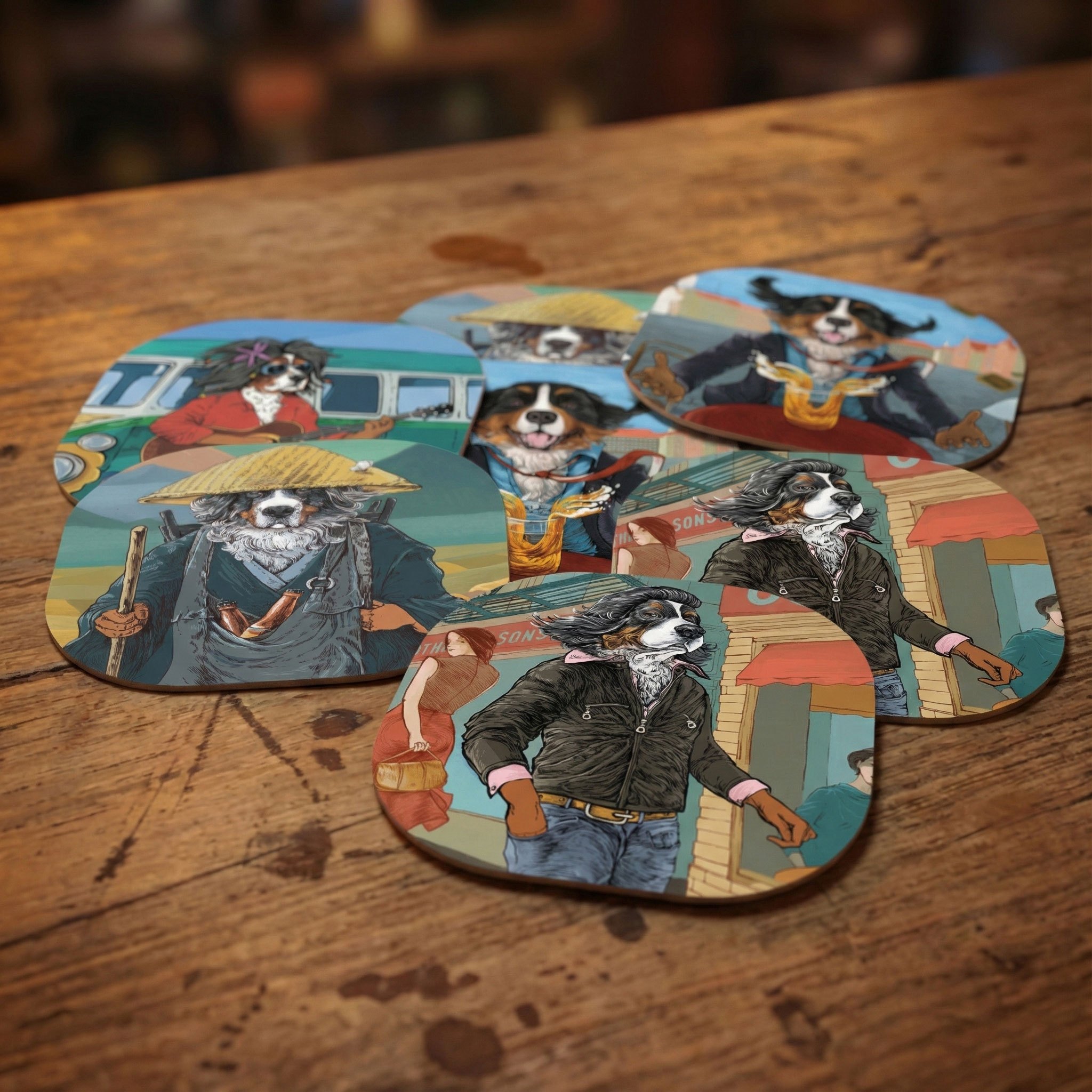 A set of coasters, each printed with a different character