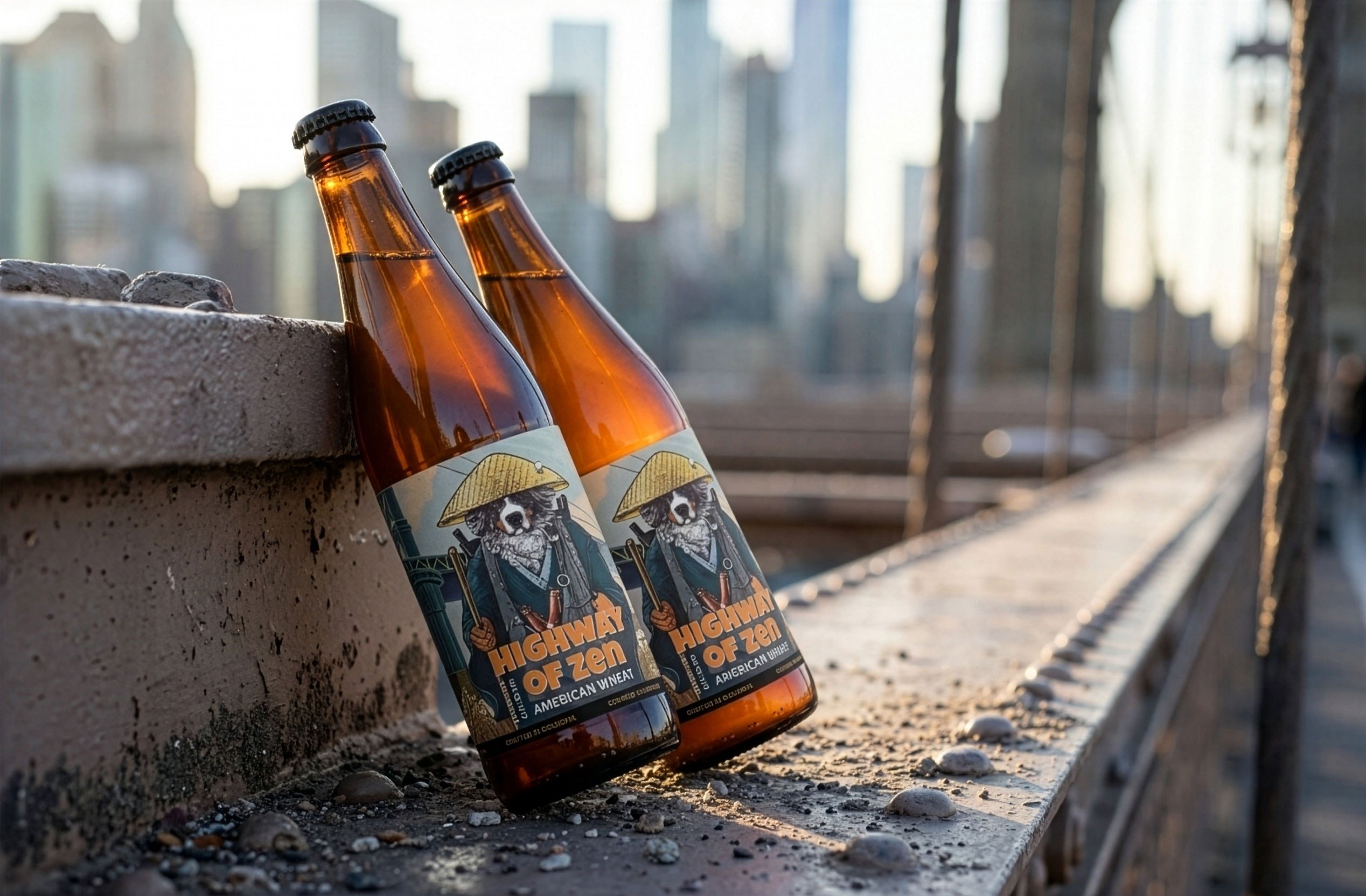 Two Highway of Zen bottles leaning against a concrete ledge, a city skyline behind them