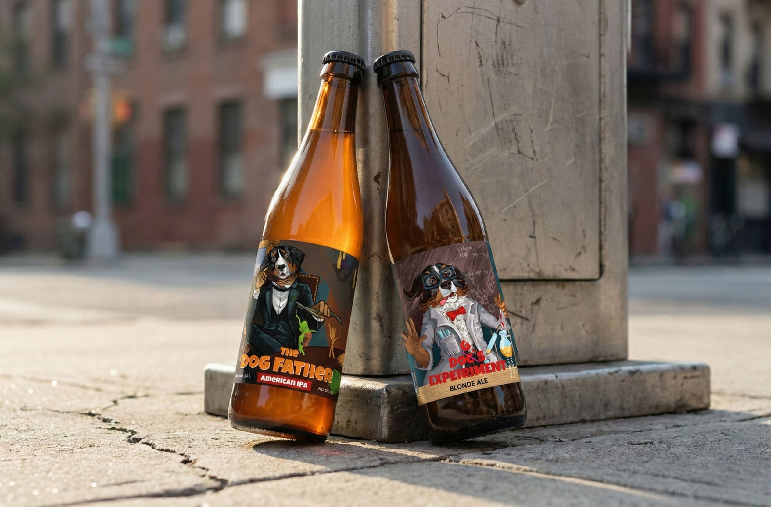 The Dog Father and Dog's Experiment bottles leaning together against a street post