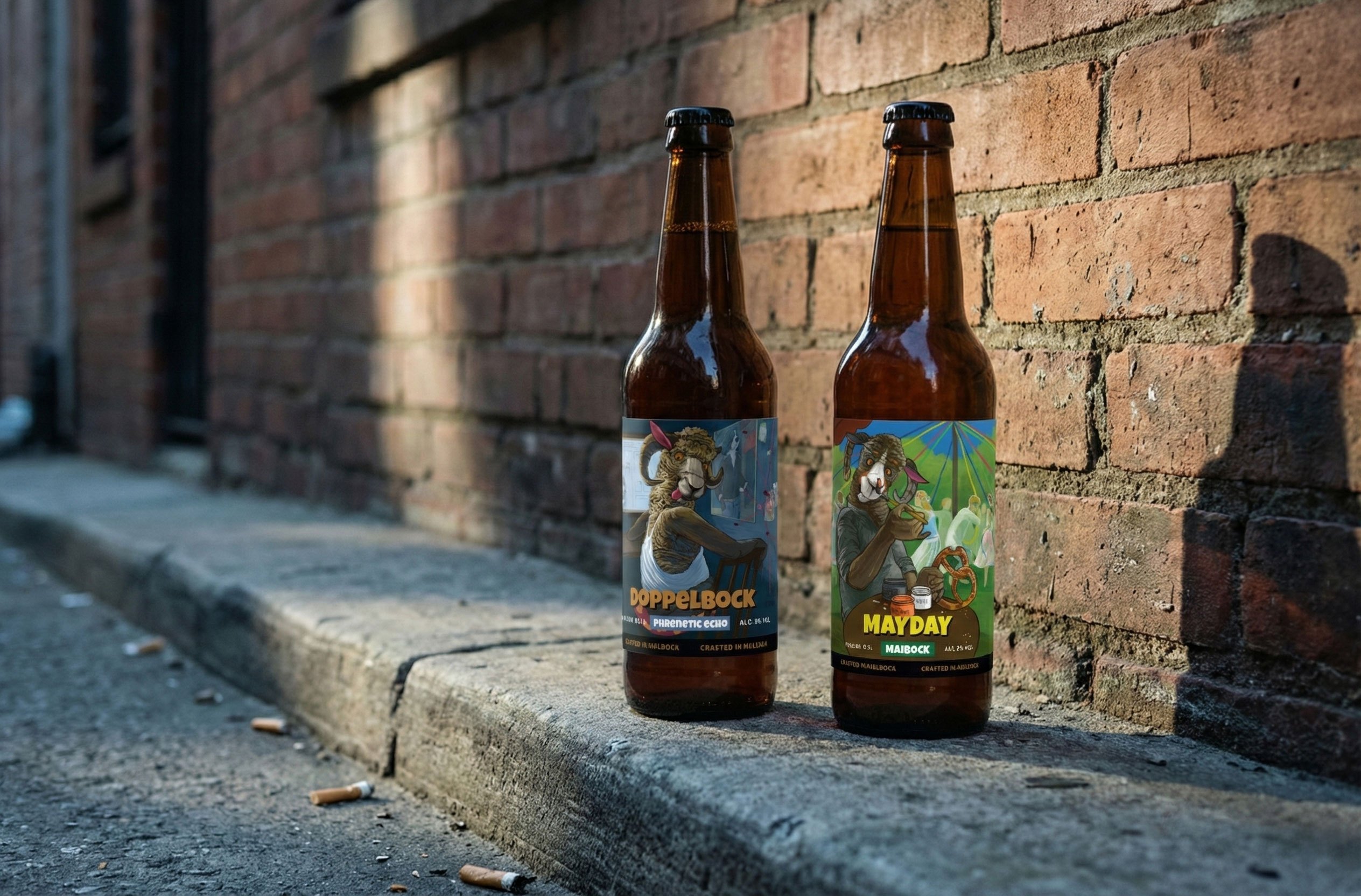 Doppelbock and Mayday side by side on a brick step