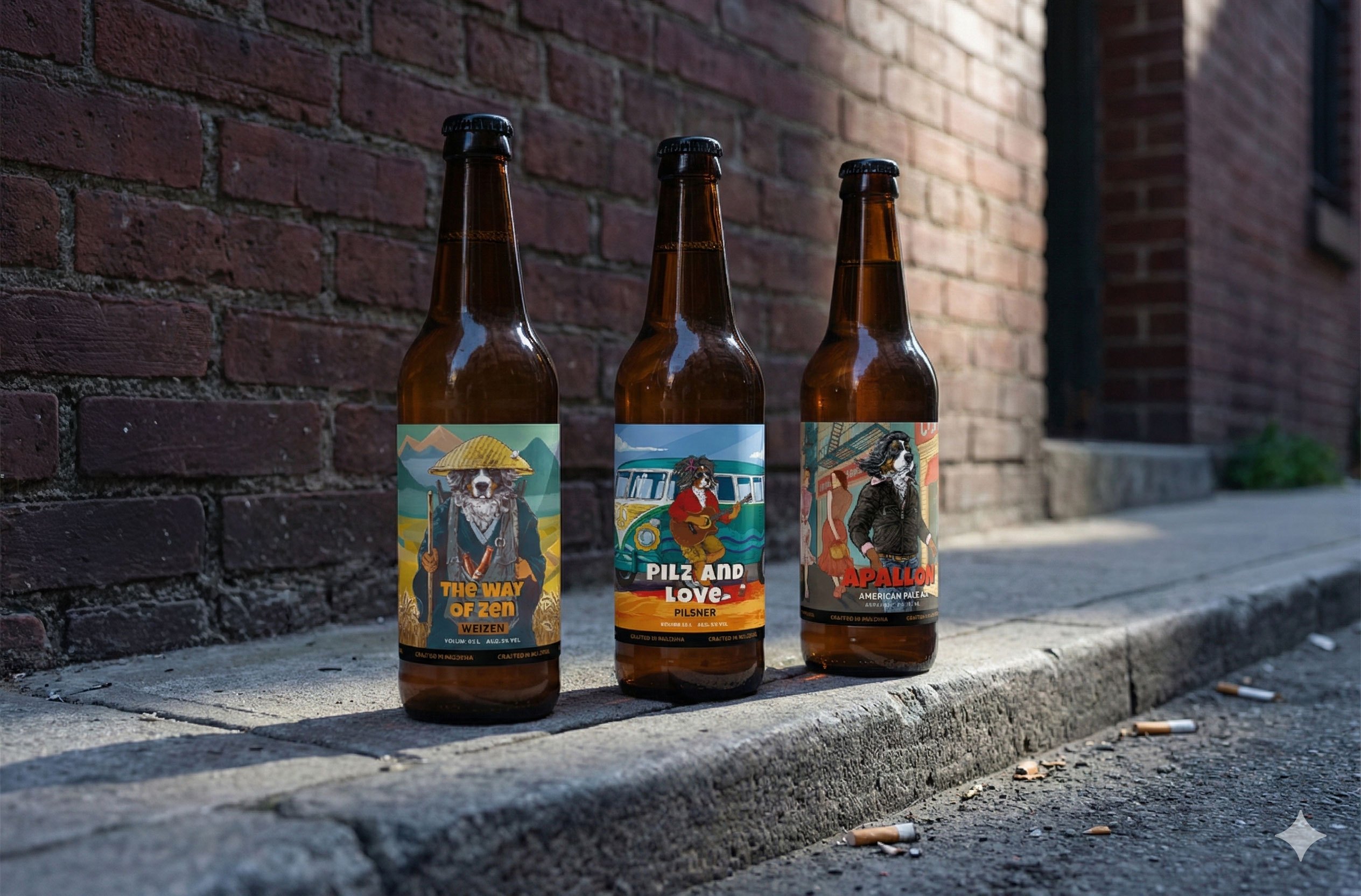 The Way of Zen, Pilz and Love and Apallon lined up on a brick step