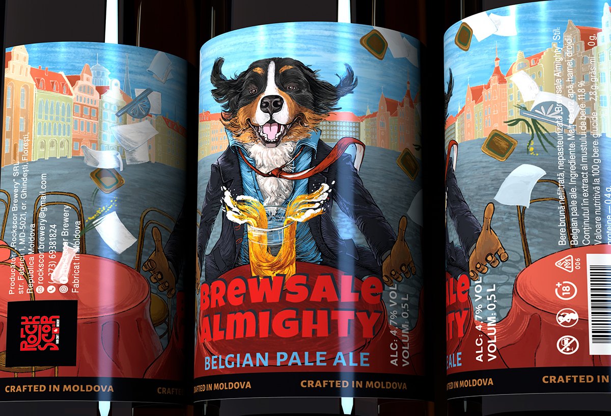 The Brewsale Almighty label in close-up, repeated across three bottles