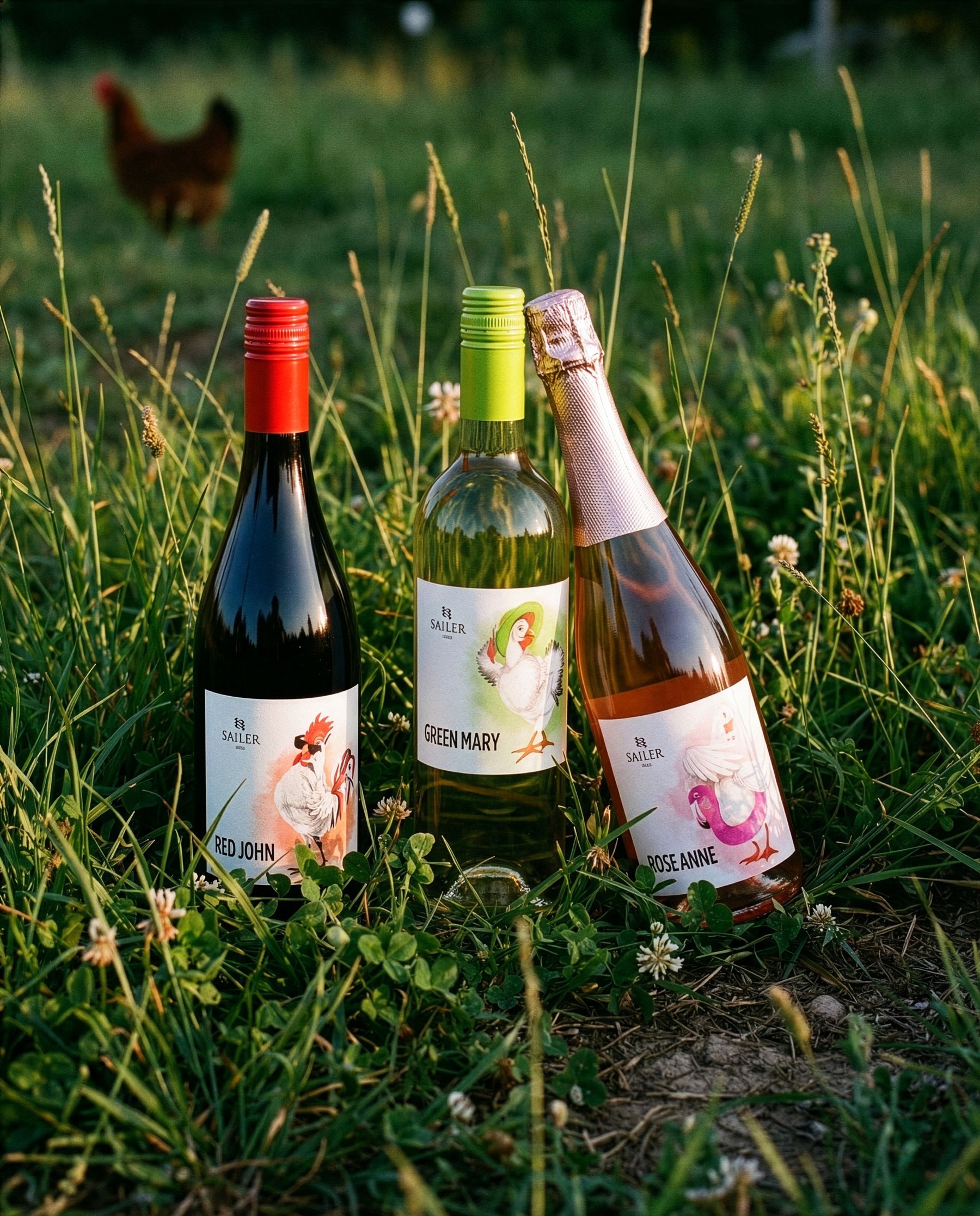 Red John, Green Mary and Rose Anne standing together in evening light, with a hen in the background field