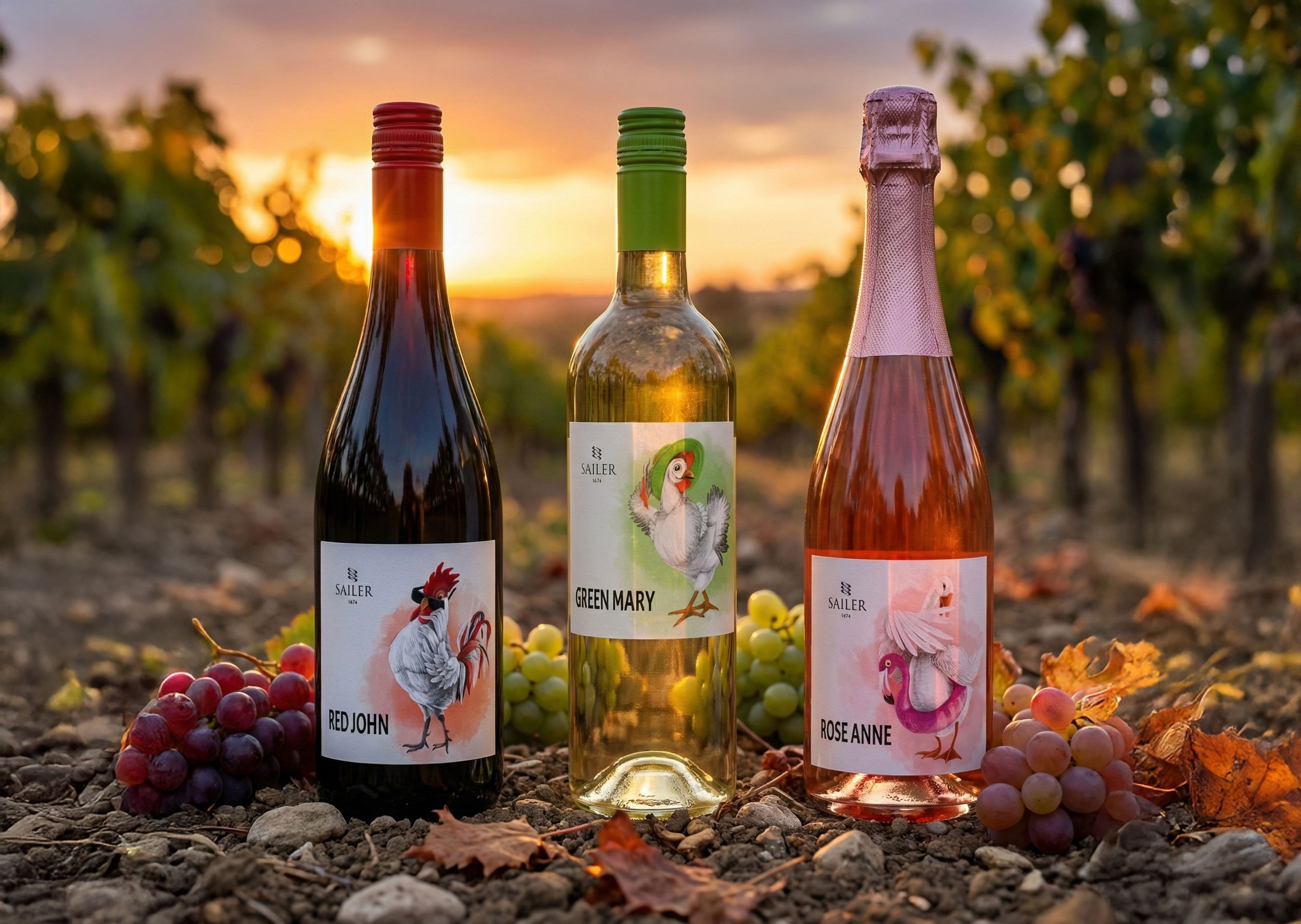 All three labels together at sunset, a basket of grapes behind them