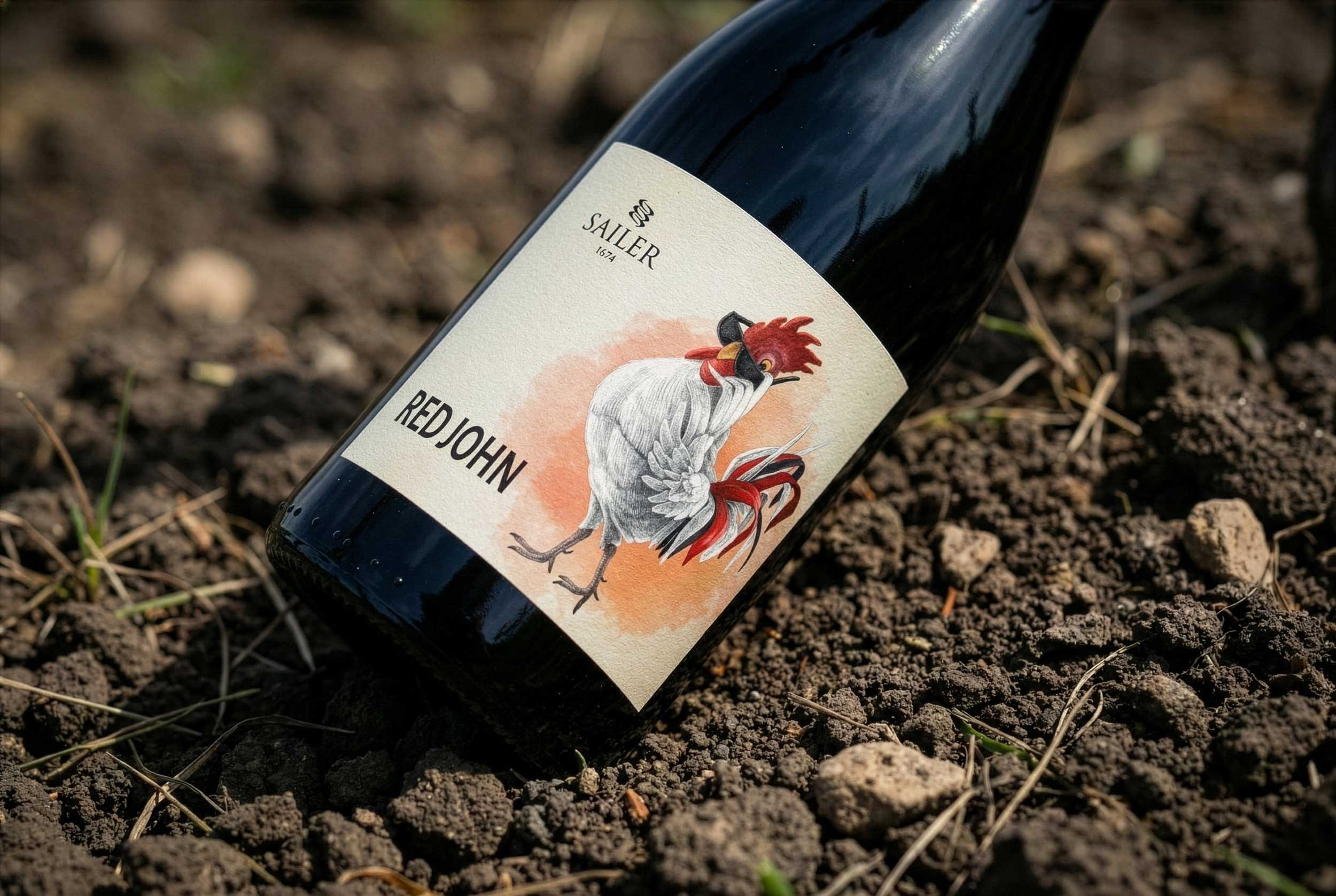 The Red John label in close-up, resting against dark soil
