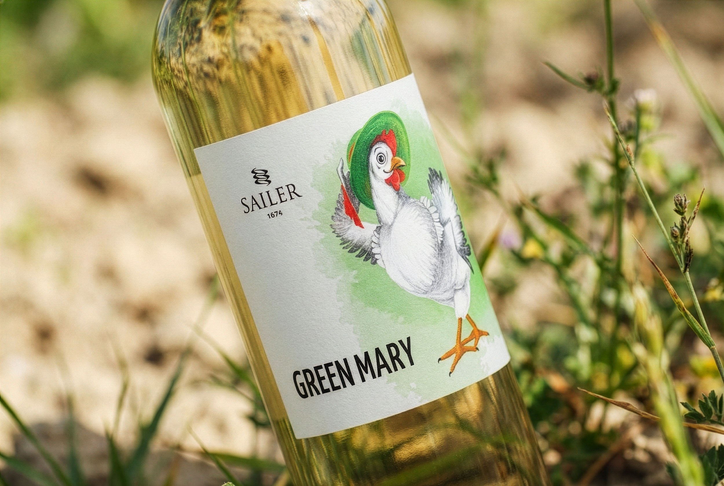The Green Mary label in close-up, set against dry grass