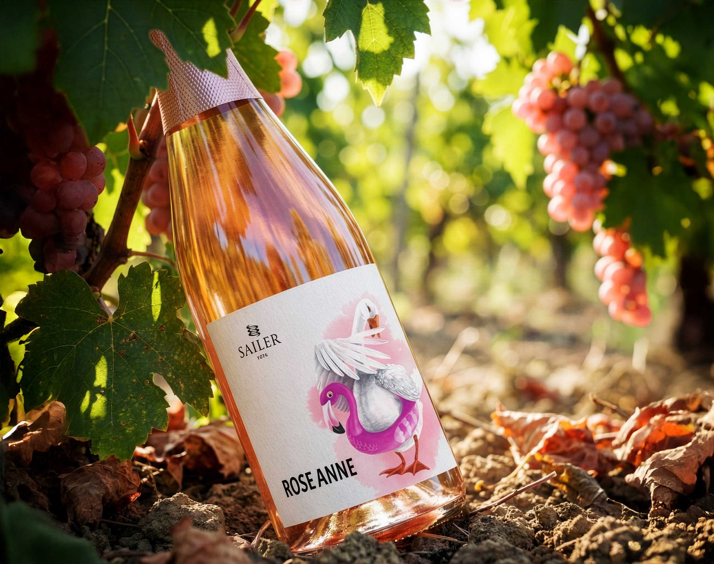 Rose Anne among the vines, pink grapes hanging beside it