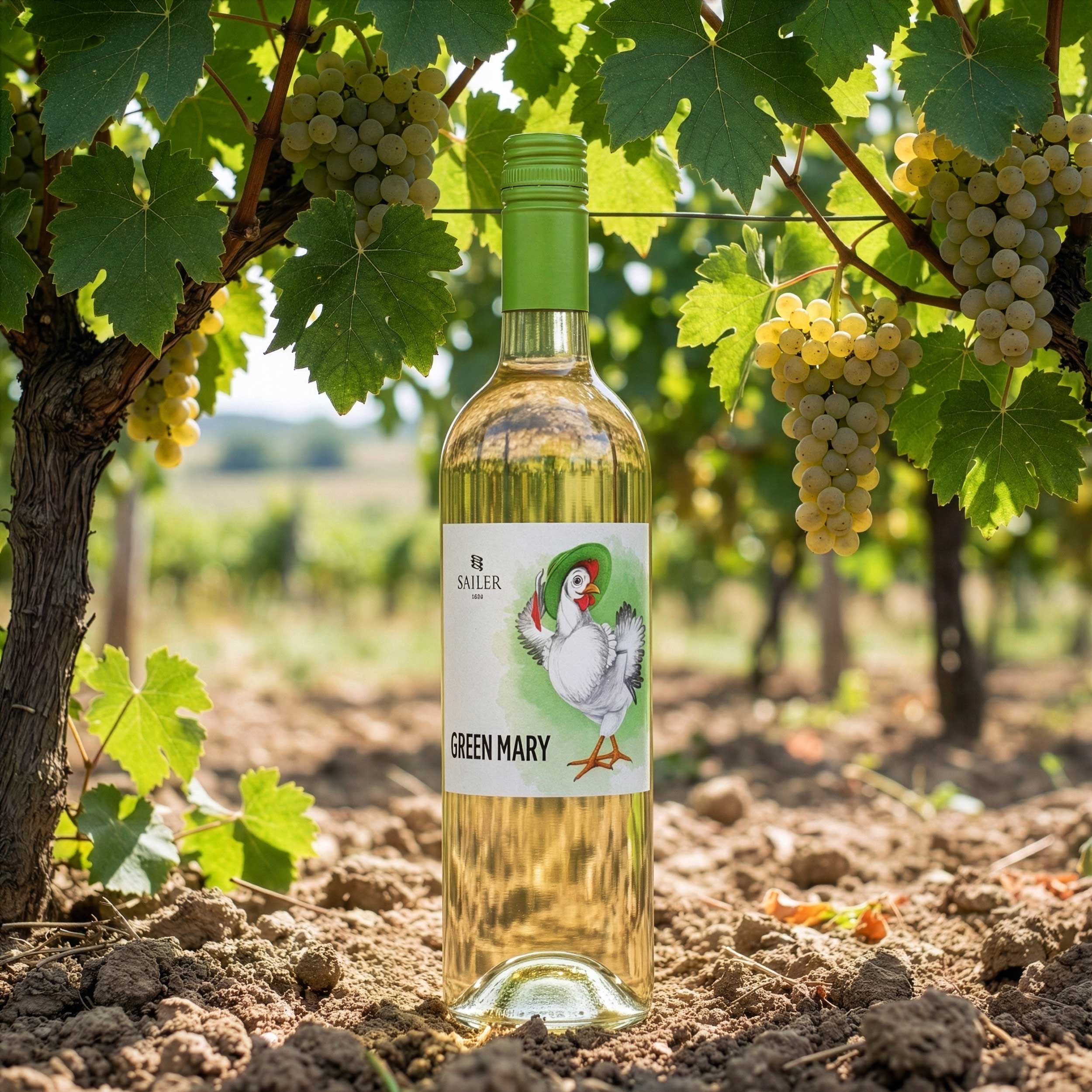 The Green Mary label in close-up, framed by hanging green grapes