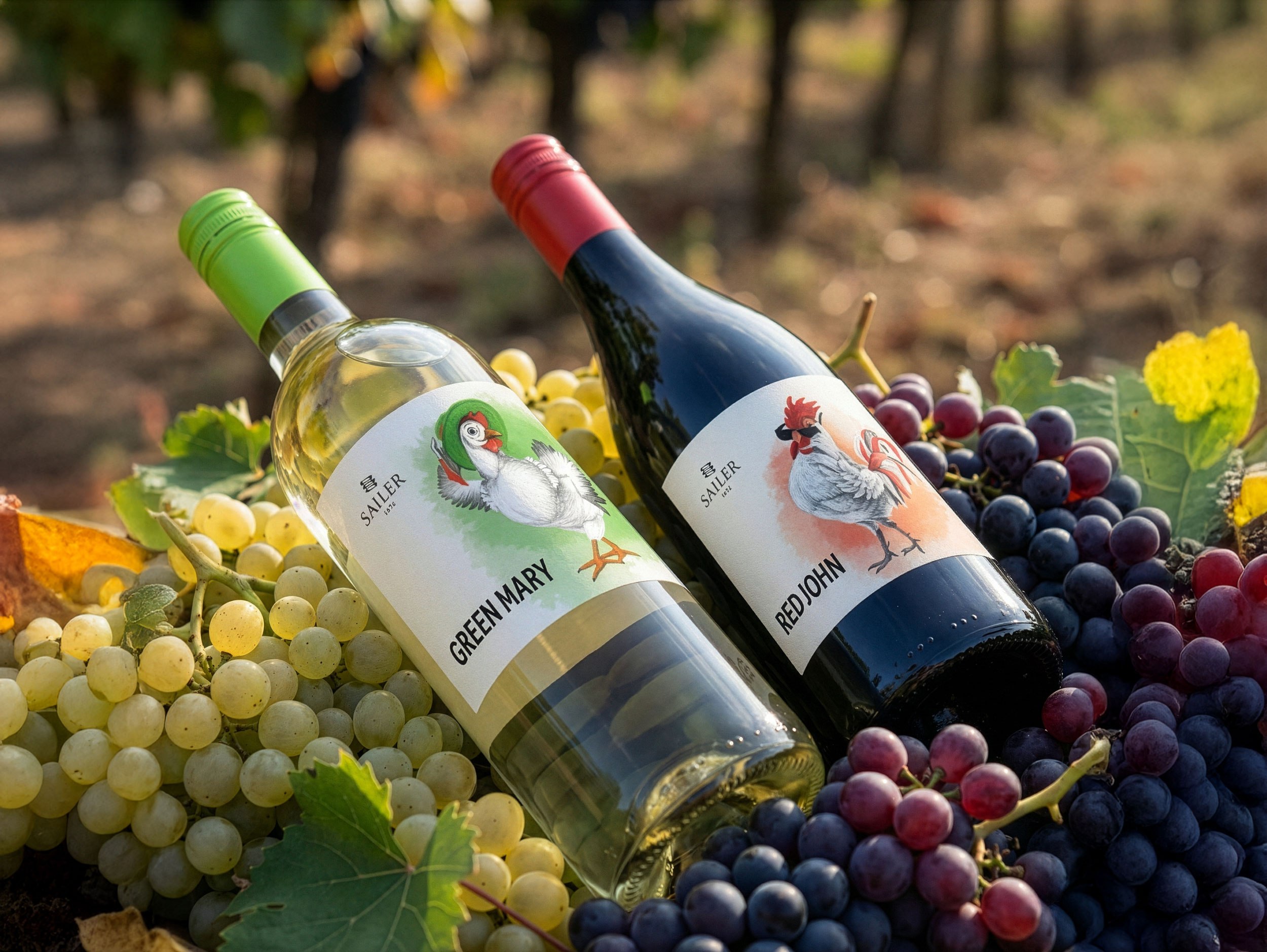 Green Mary and Red John lying together on a bed of grapes
