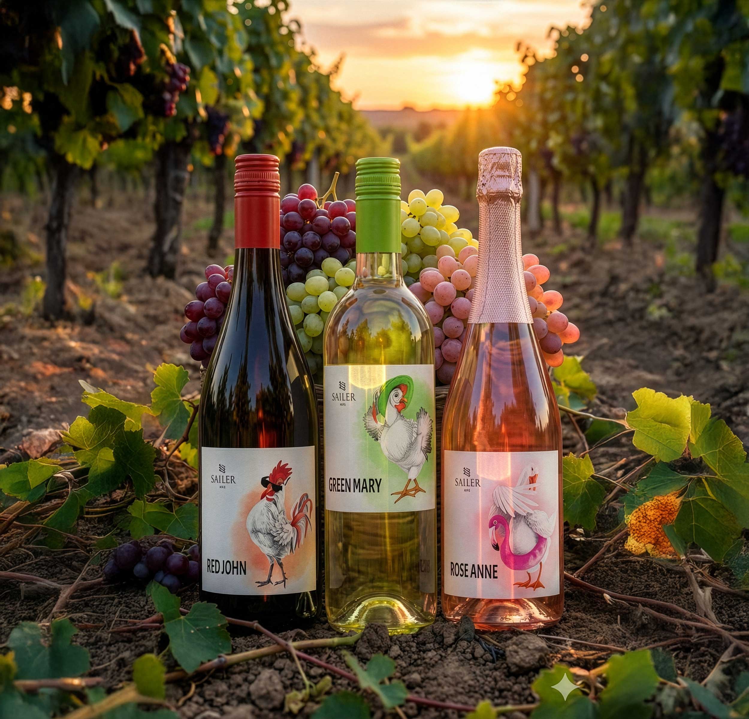 All three labels standing together at sunset, grapes gathered at their base
