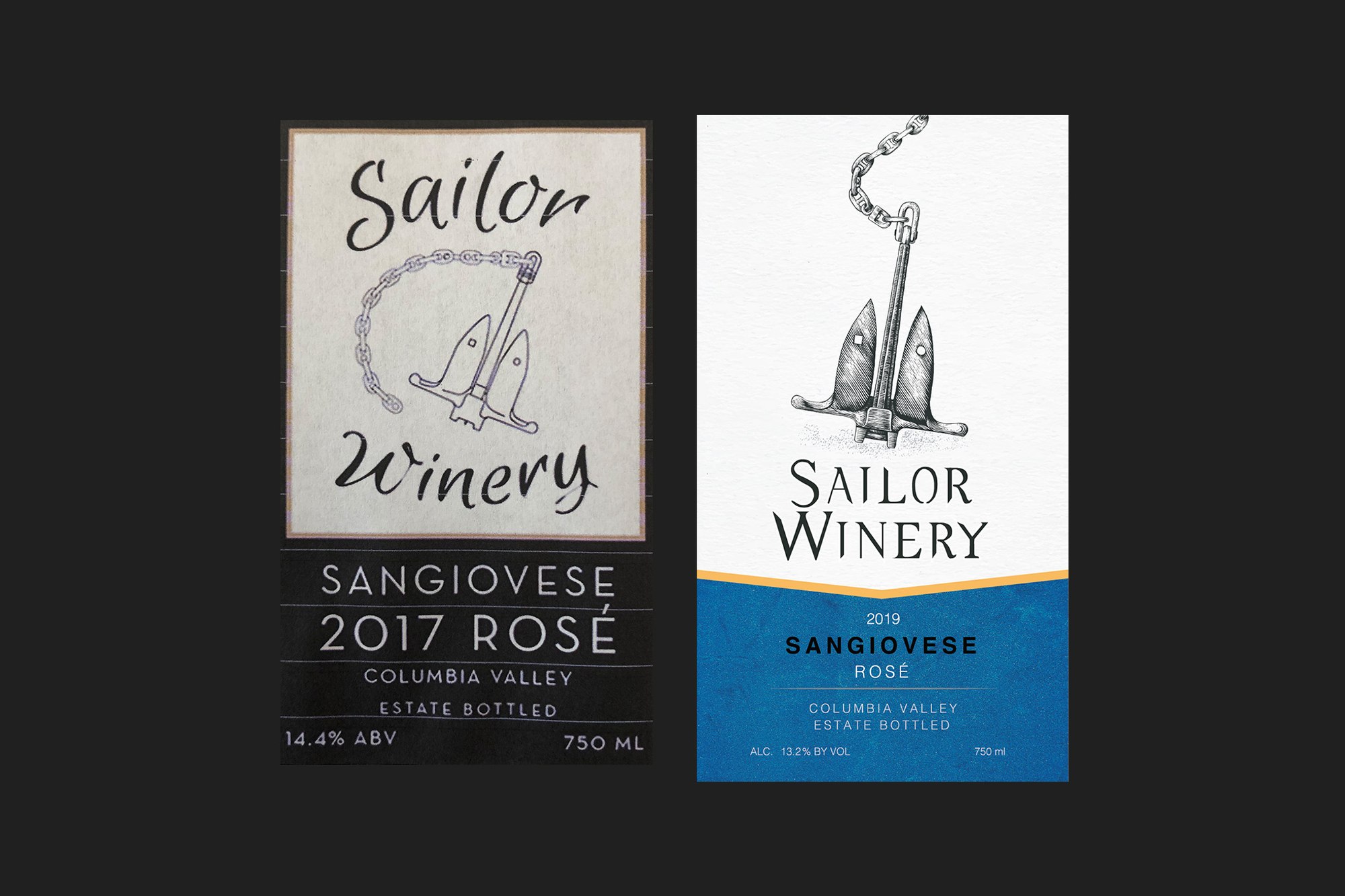 The 2017 label beside the redrawn one: traced outline and script on the left, engraved anchor and drawn lettering on the right