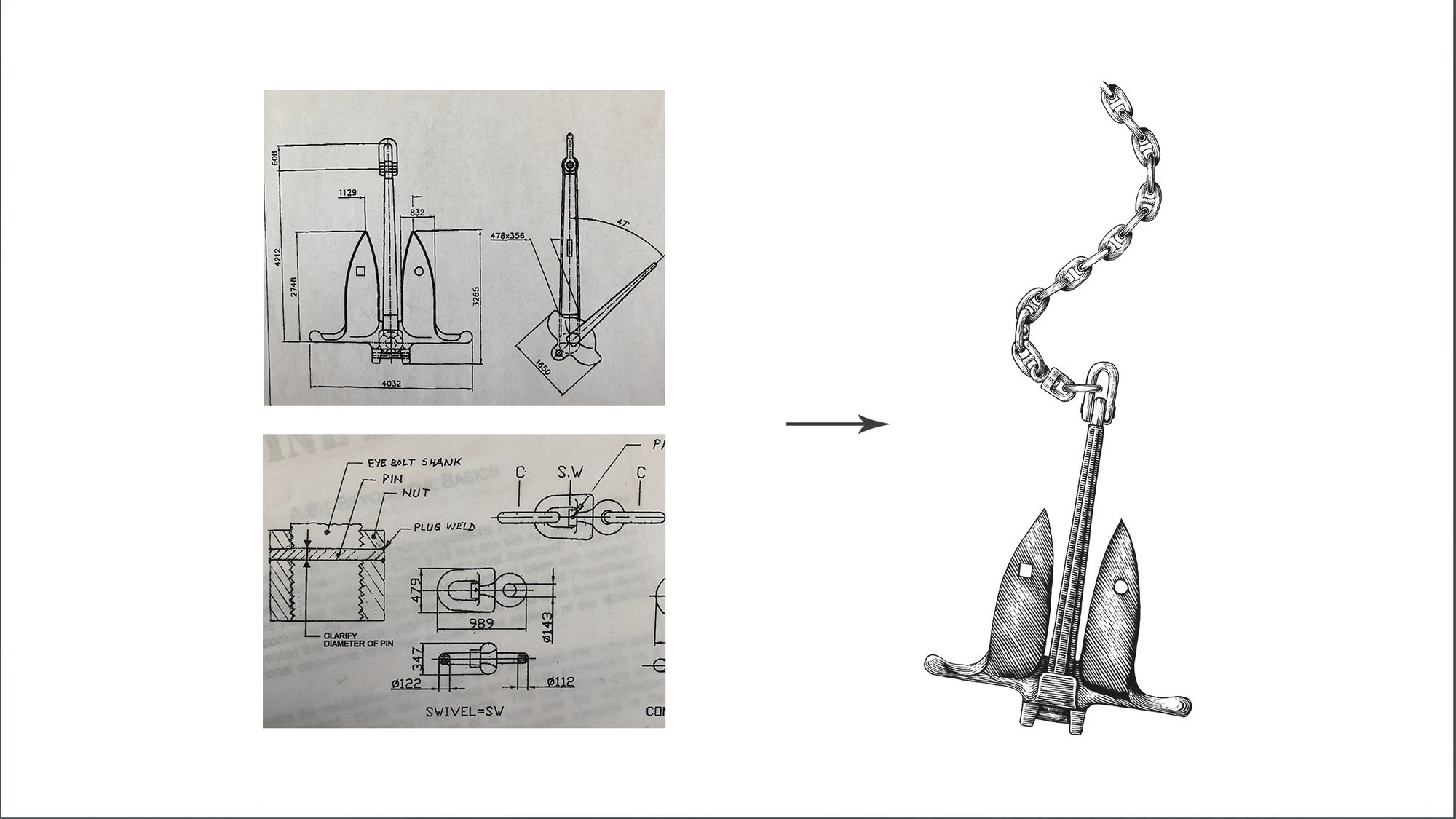 The client's dimensioned anchor drawings on the left, the finished engraving with its hanging chain on the right