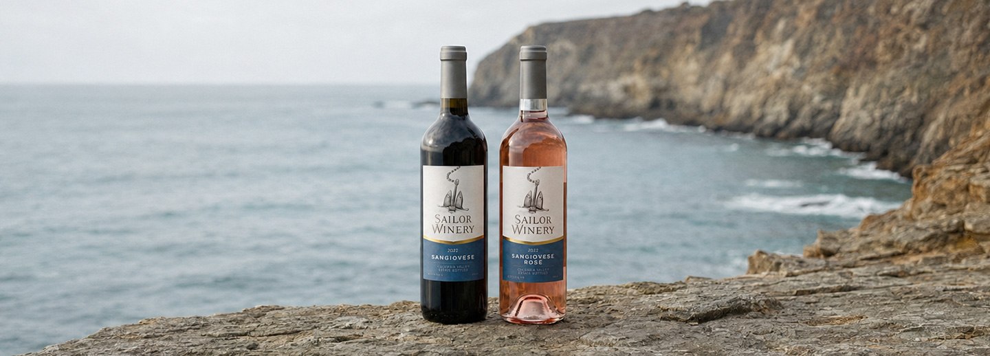 The Sangiovese and Sangiovese Ros&eacute; standing together on a rock above the water