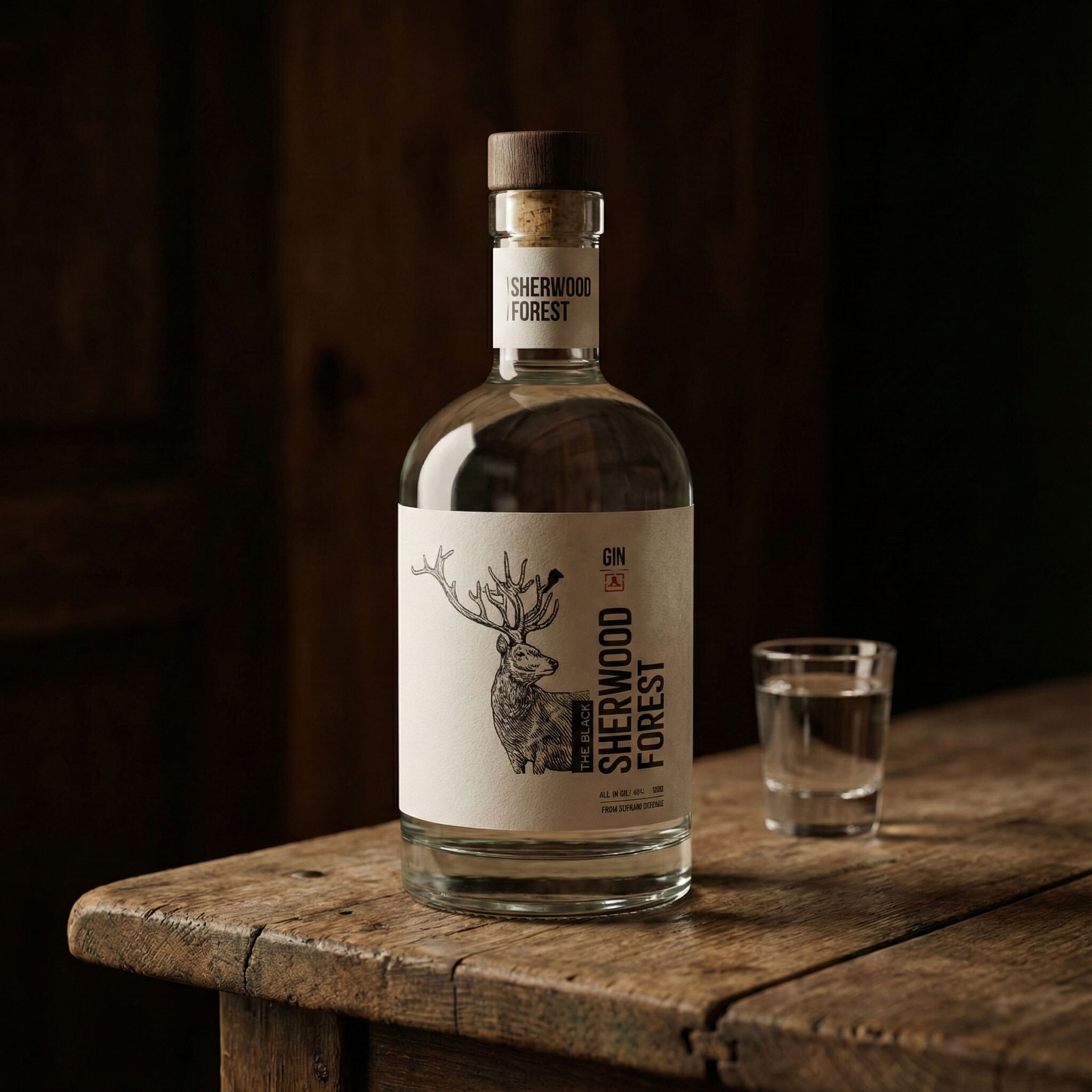 The bottle on a dark wooden table beside a filled glass, low warm light
