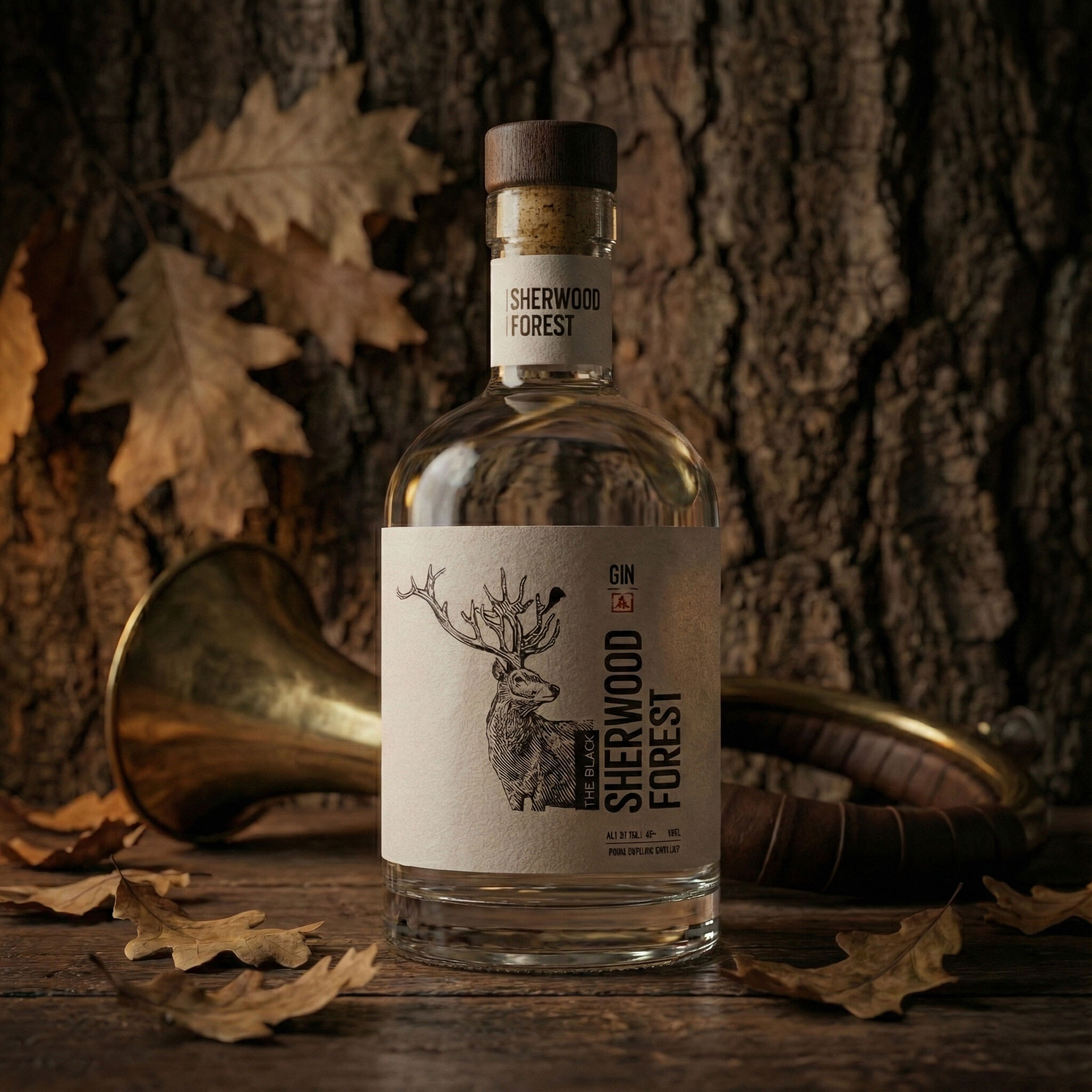 The bottle against tree bark with a brass hunting horn and scattered oak leaves