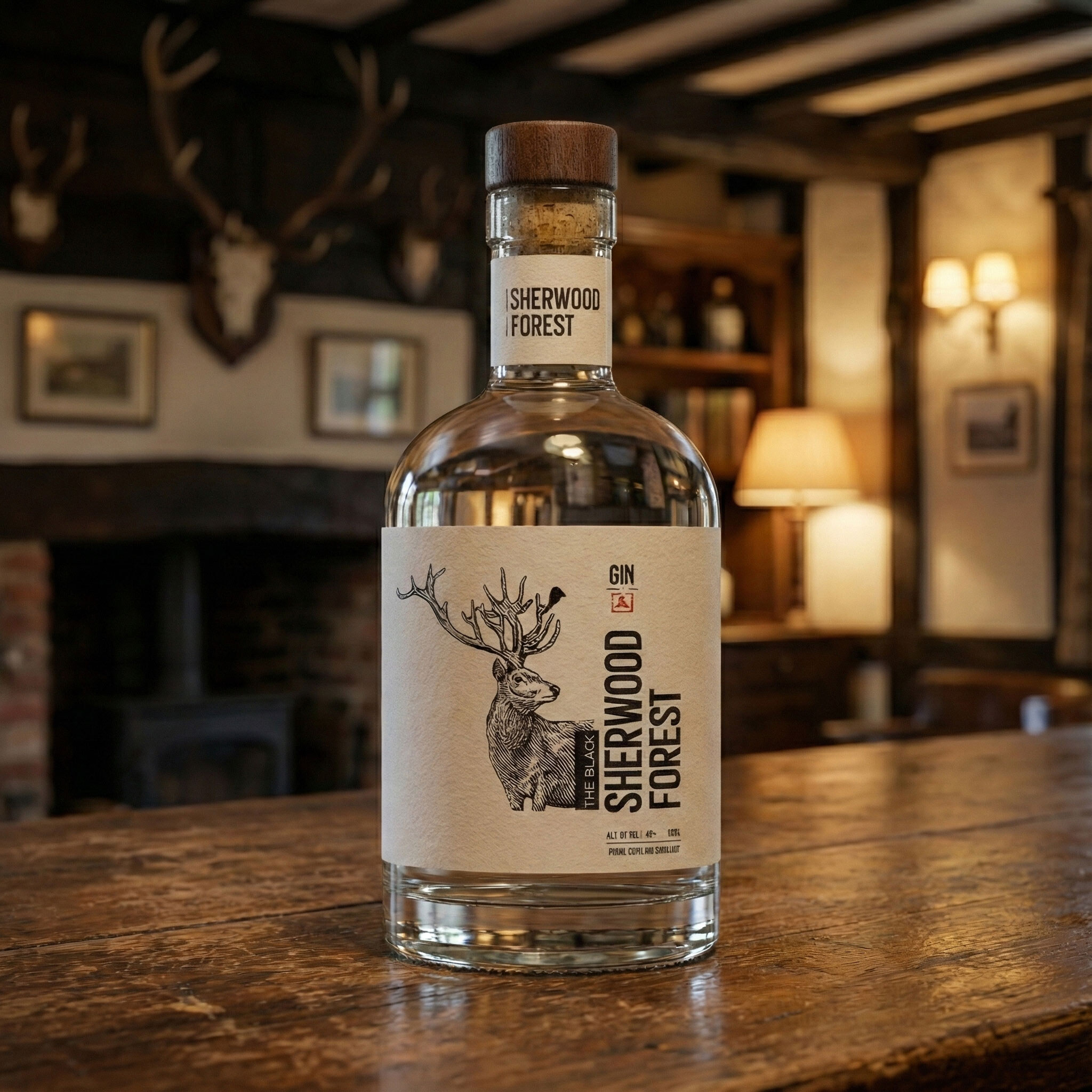 The bottle on a table in an old timber-framed pub, mounted antlers behind