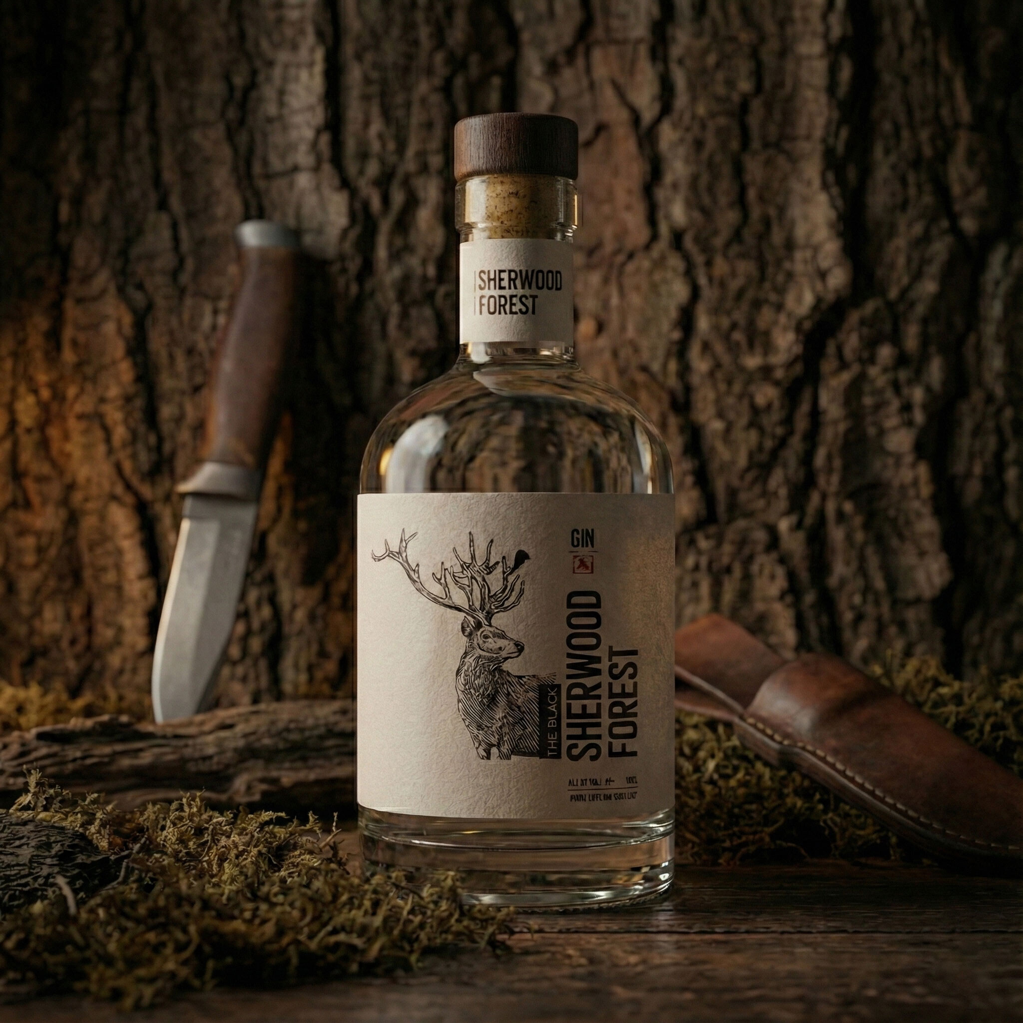 The bottle against tree bark with a hunting knife and moss behind