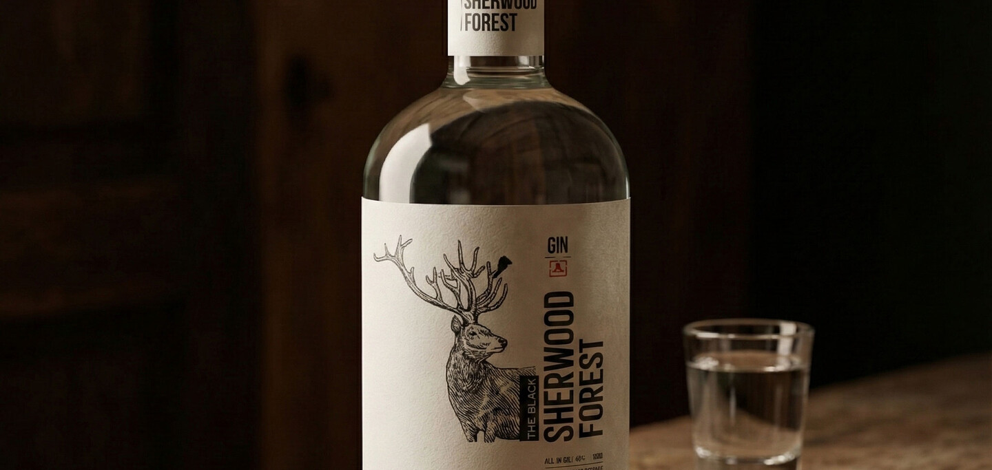 The Black Sherwood Forest gin bottle on a dark wooden table beside a filled glass