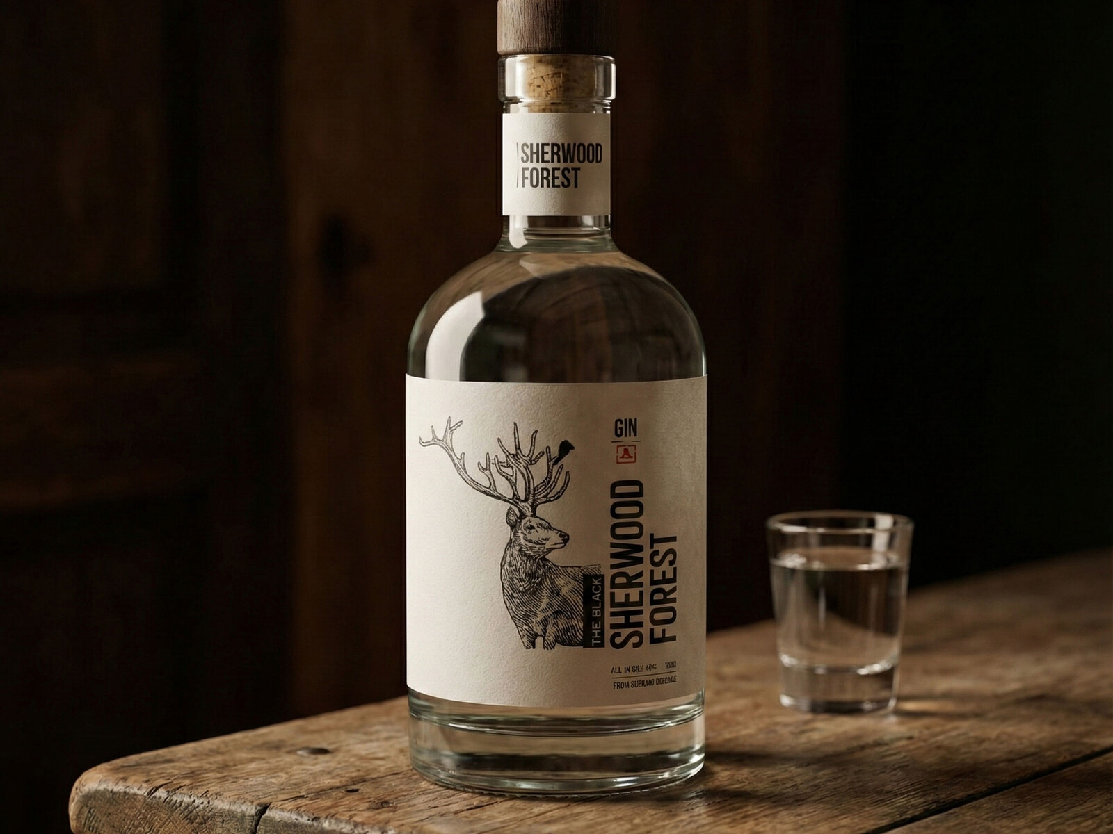 The Black Sherwood Forest gin — one engraved stag on a field of bare paper