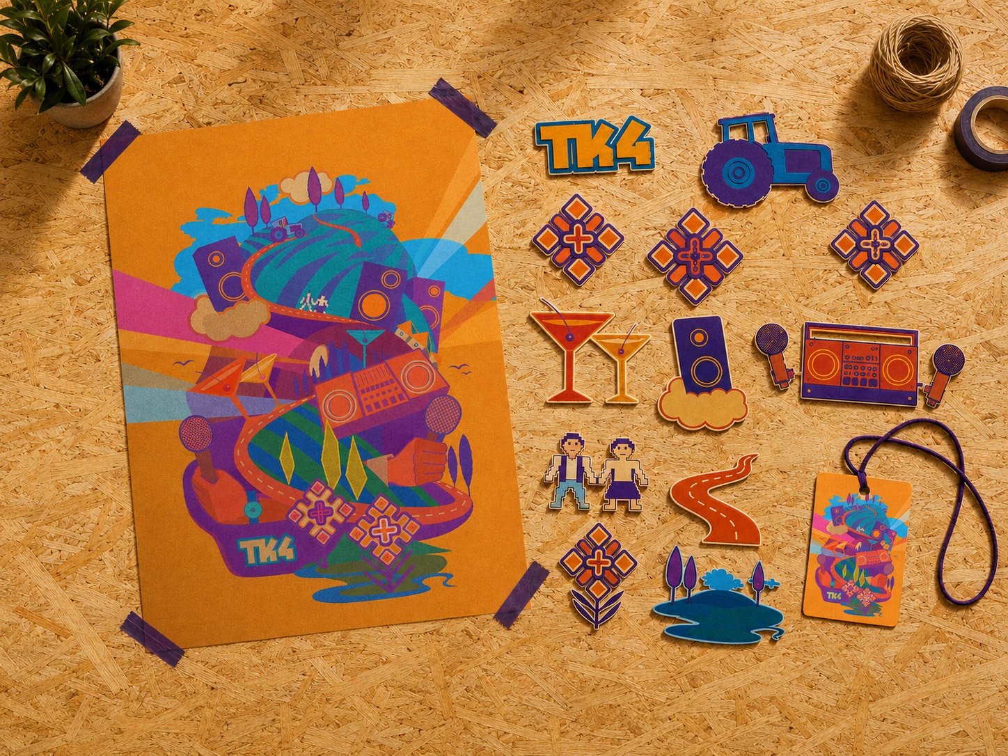 The poster laid flat beside its illustrated kit — TK4 lettering, tractor, folk rosettes, cocktails, speaker, boombox, mics and a lanyard pass, each cut out as its own piece