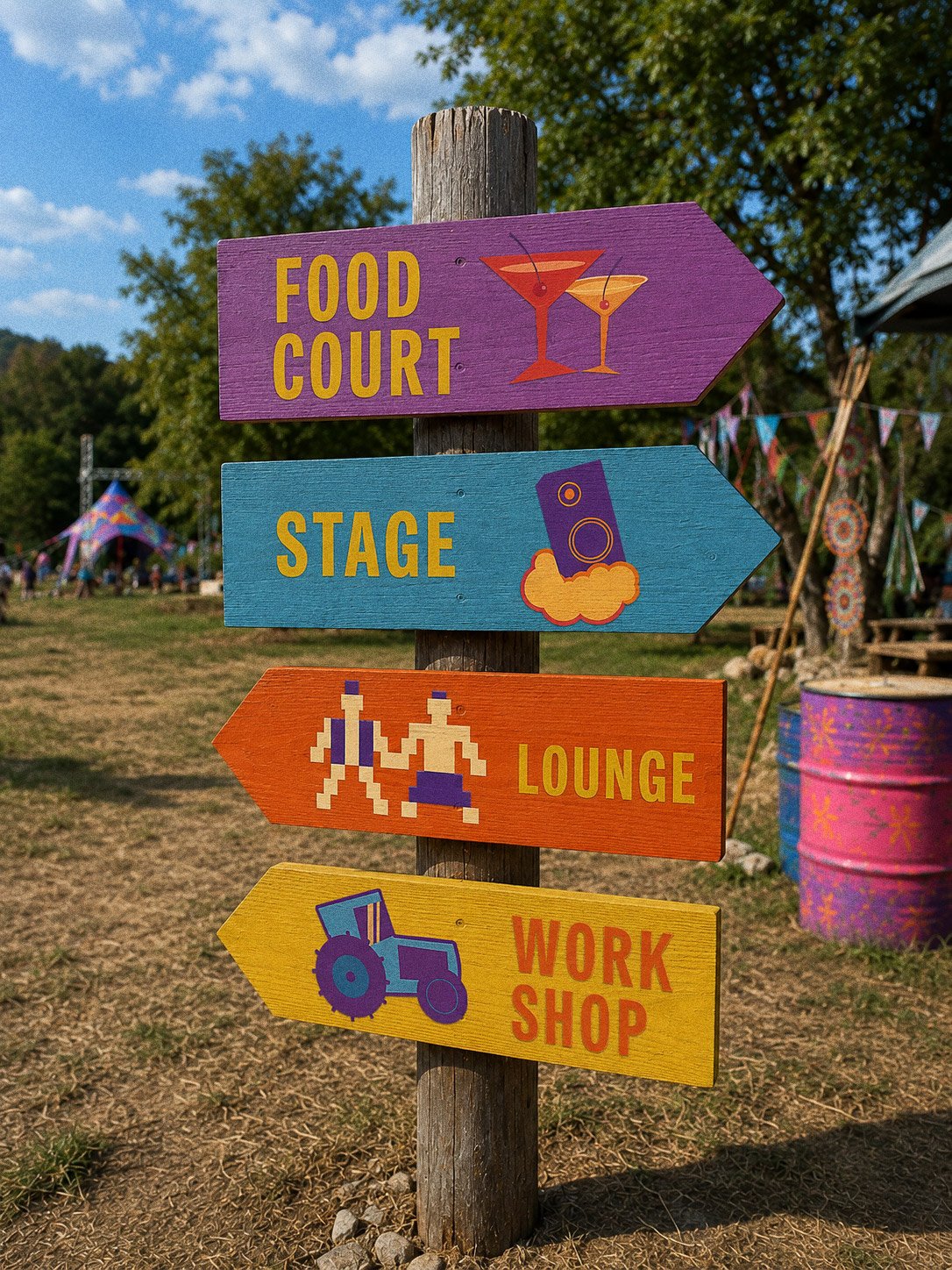 A wooden signpost with four painted arrows — Food Court, Stage, Lounge, Workshop — each carrying an icon lifted straight from the poster
