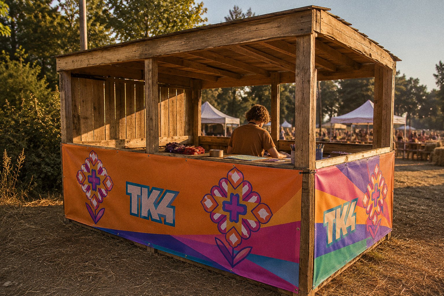 The workshop booth wrapped in orange banners with folk rosettes and the TK4 mark, someone drawing at the counter, festival tents behind at golden hour
