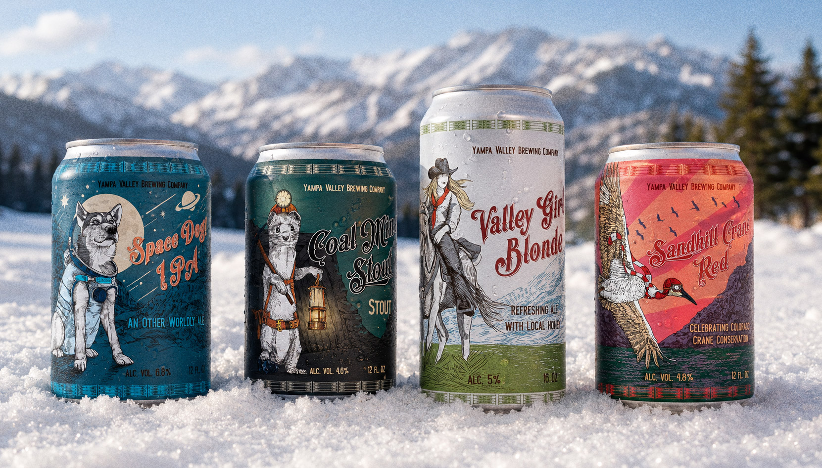 The core lineup on the snow — Space Dog IPA, Coal Miner Stout, Valley Girl Blonde and Sandhill Crane Red