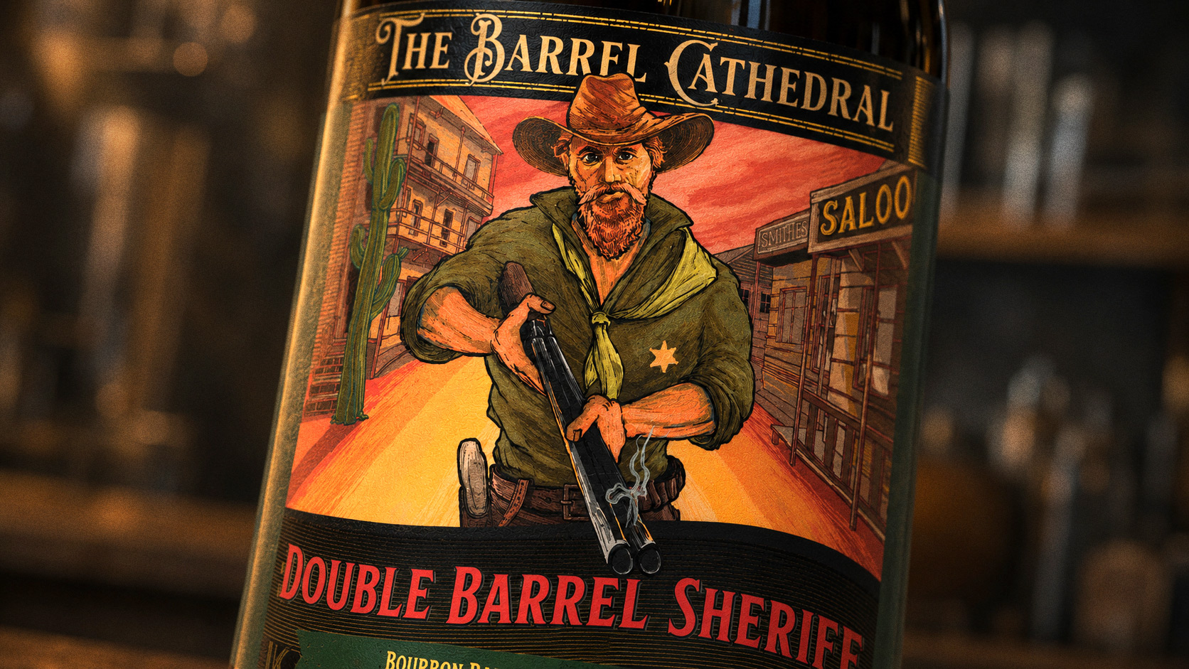 Witch of the Wood — a Barrel Cathedral bottle lit in cool blue, a witch on a broomstick on the label