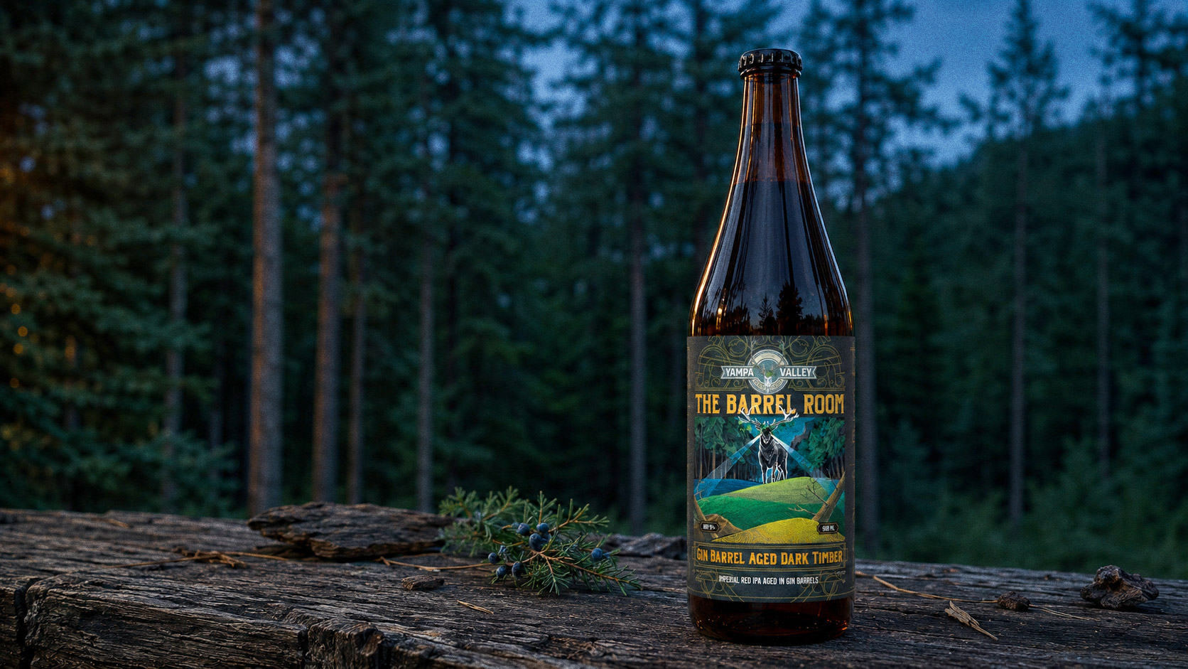 The Barrel Room bottle in a blue-dusk forest — a painted stag lit in headlight beams on the label