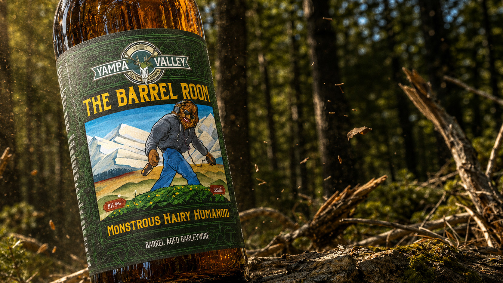 The Barrel Room bottle in a sunlit forest — a sasquatch in a hoodie striding across mountains on the label